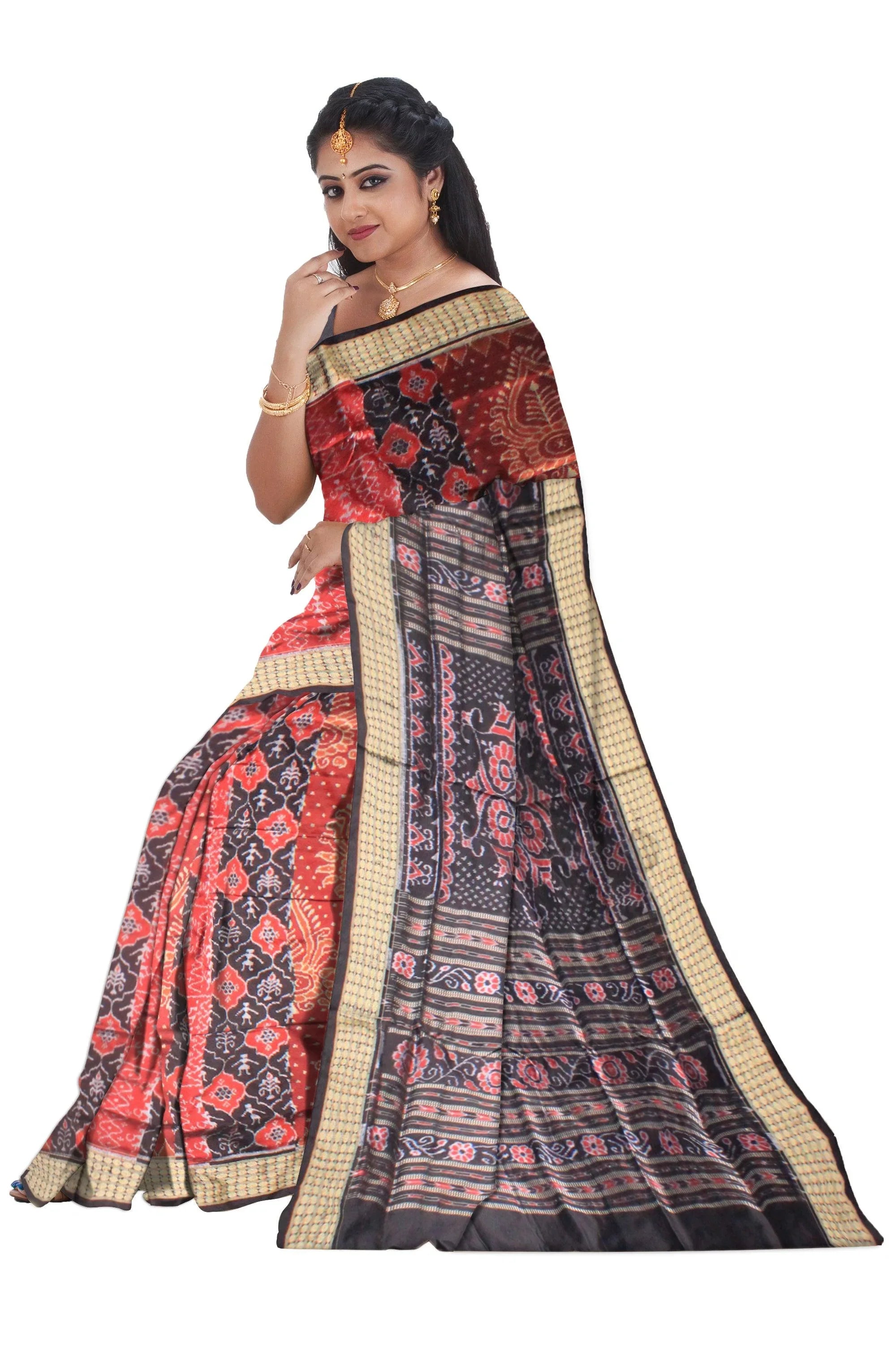 Traditional ikat pattern Sambalpuri Pata Saree in black and maroon Color base ,b with black blouse piece . - Koshali Arts & Crafts Enterprise