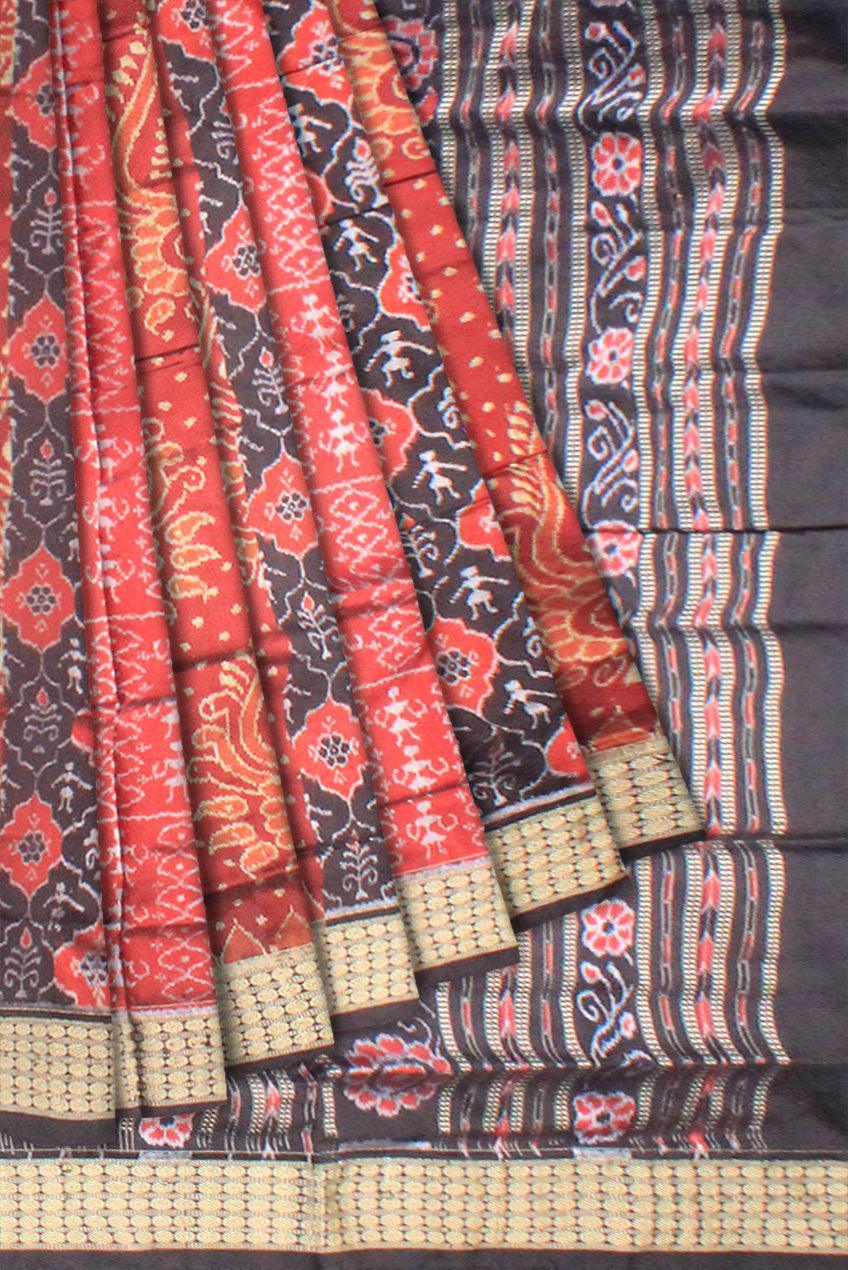 Traditional ikat pattern Sambalpuri Pata Saree in black and maroon Color base ,b with black blouse piece . - Koshali Arts & Crafts Enterprise