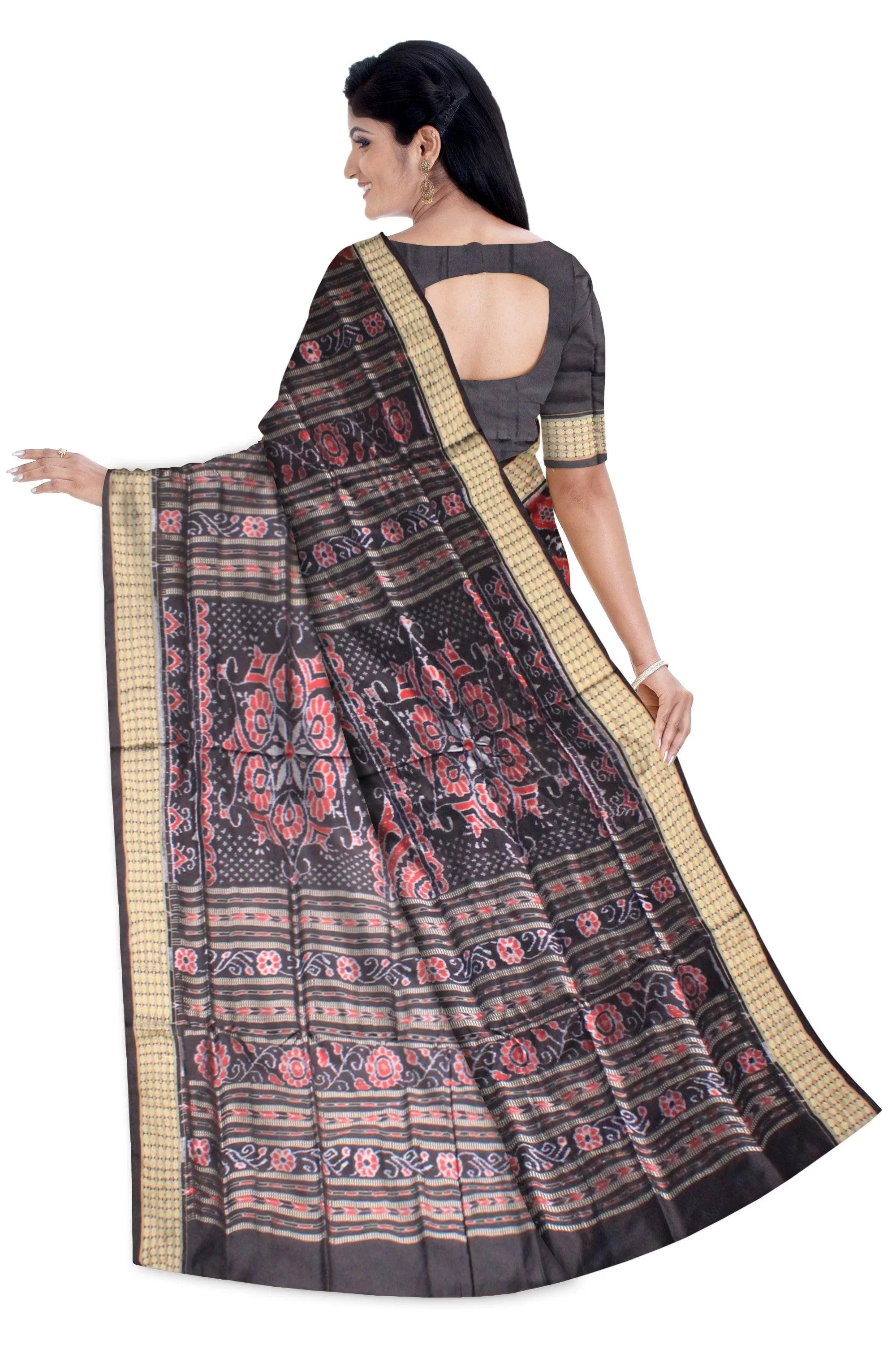 Traditional ikat pattern Sambalpuri Pata Saree in black and maroon Color base ,b with black blouse piece . - Koshali Arts & Crafts Enterprise