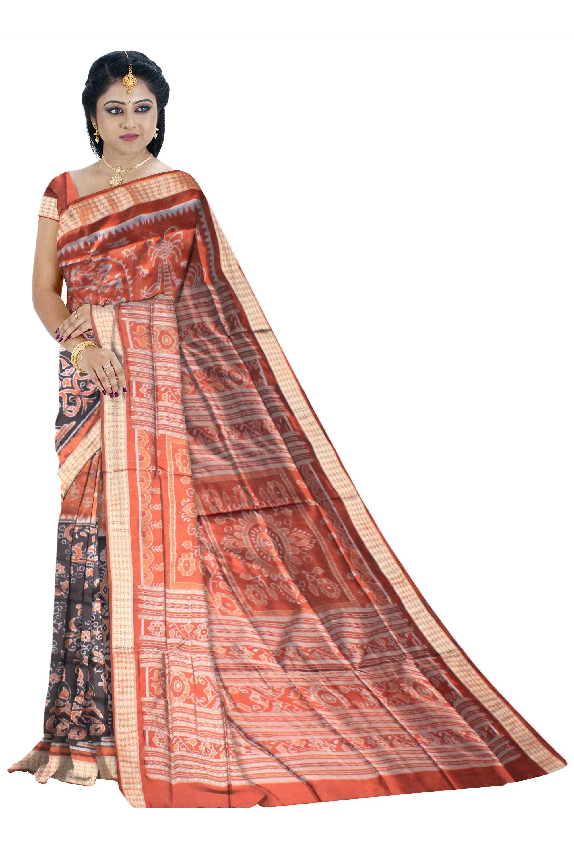 Latest design orange and black color pata saree with blouse piece. - Koshali Arts & Crafts Enterprise