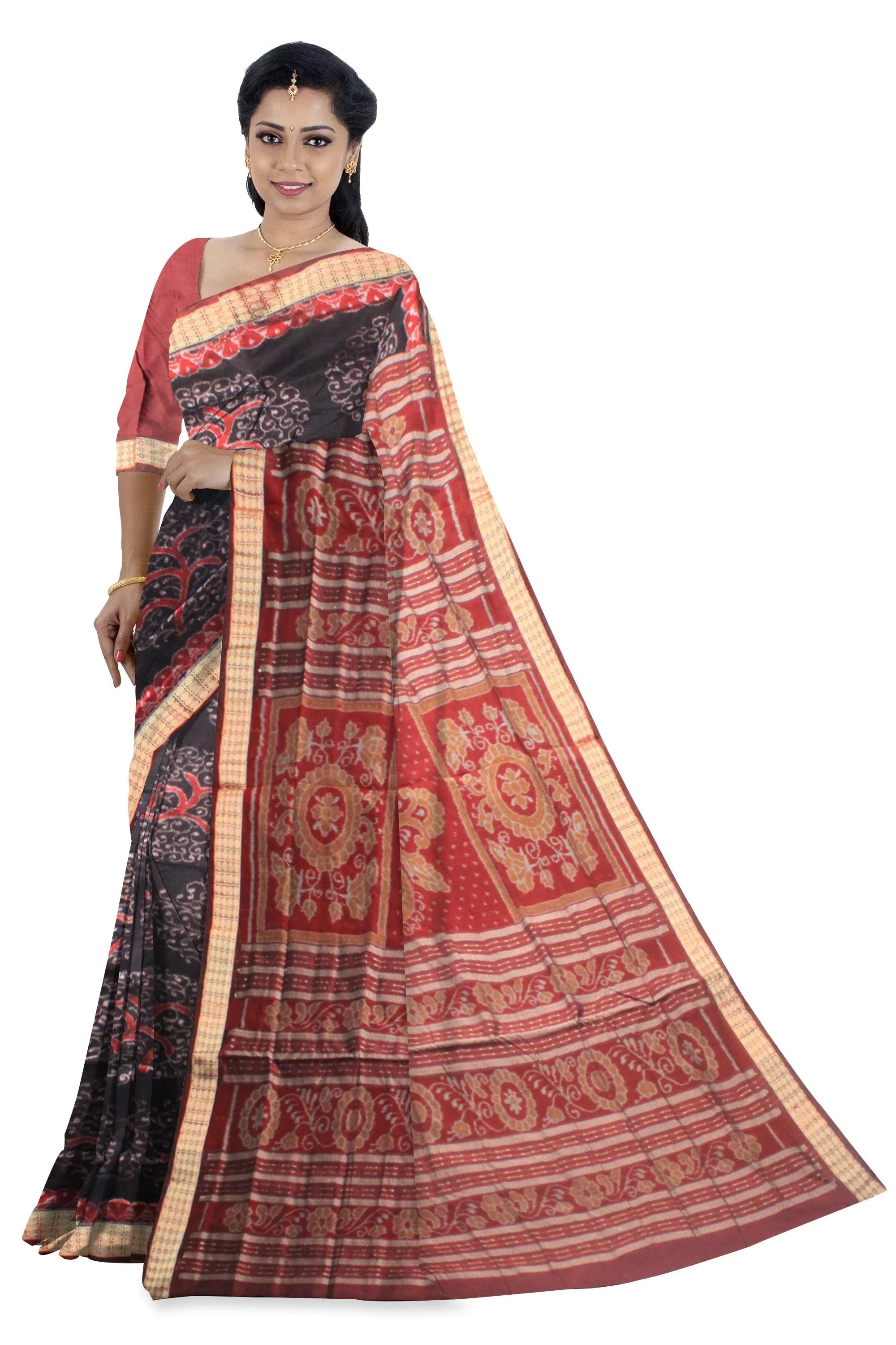 ikat pattern Sambalpuri Pata Saree in black and maroon Color base, with black blouse piece . - Koshali Arts & Crafts Enterprise