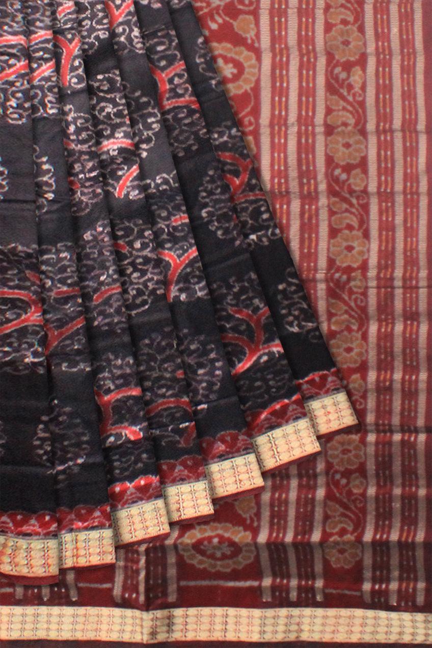 ikat pattern Sambalpuri Pata Saree in black and maroon Color base, with black blouse piece . - Koshali Arts & Crafts Enterprise