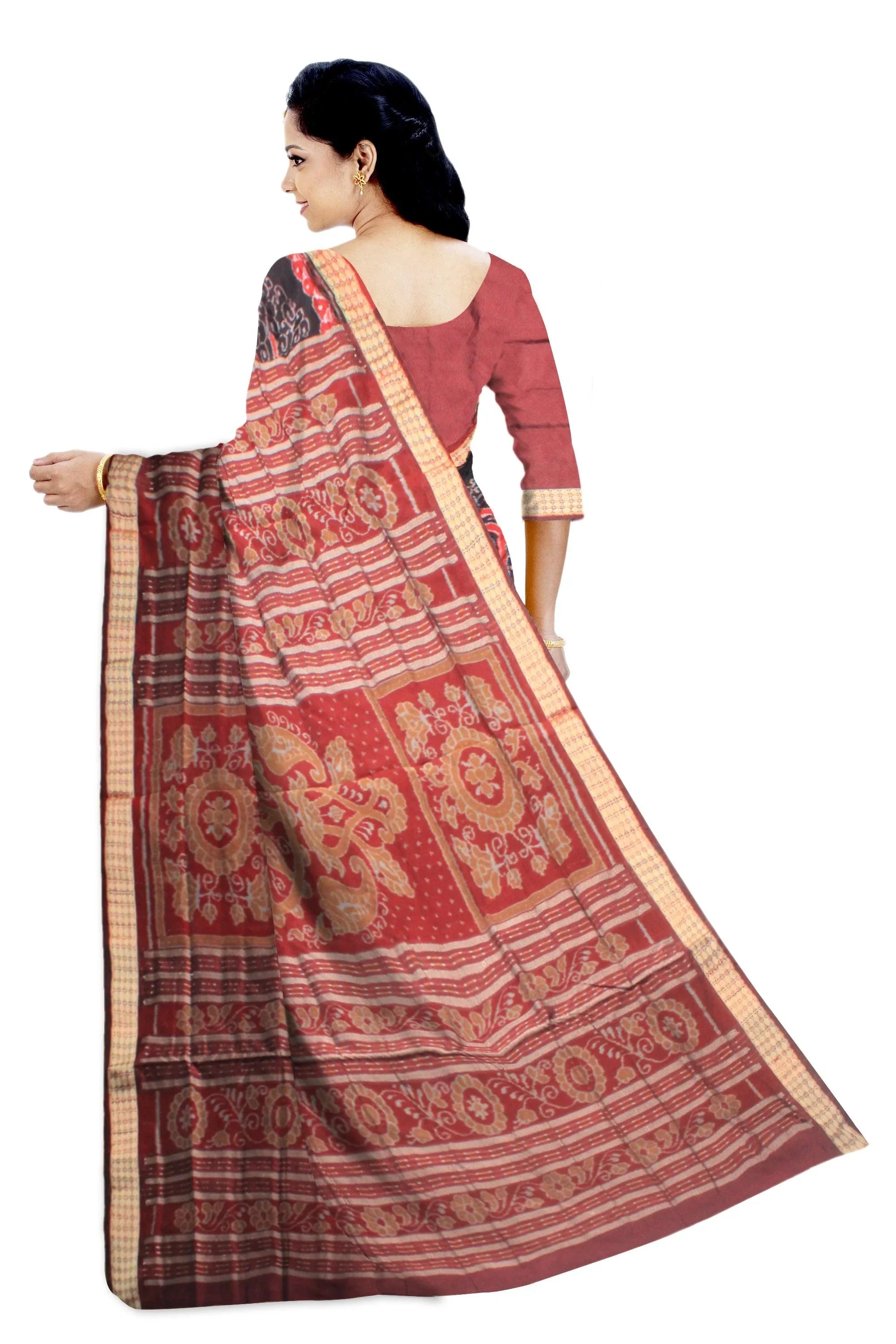 ikat pattern Sambalpuri Pata Saree in black and maroon Color base, with black blouse piece . - Koshali Arts & Crafts Enterprise