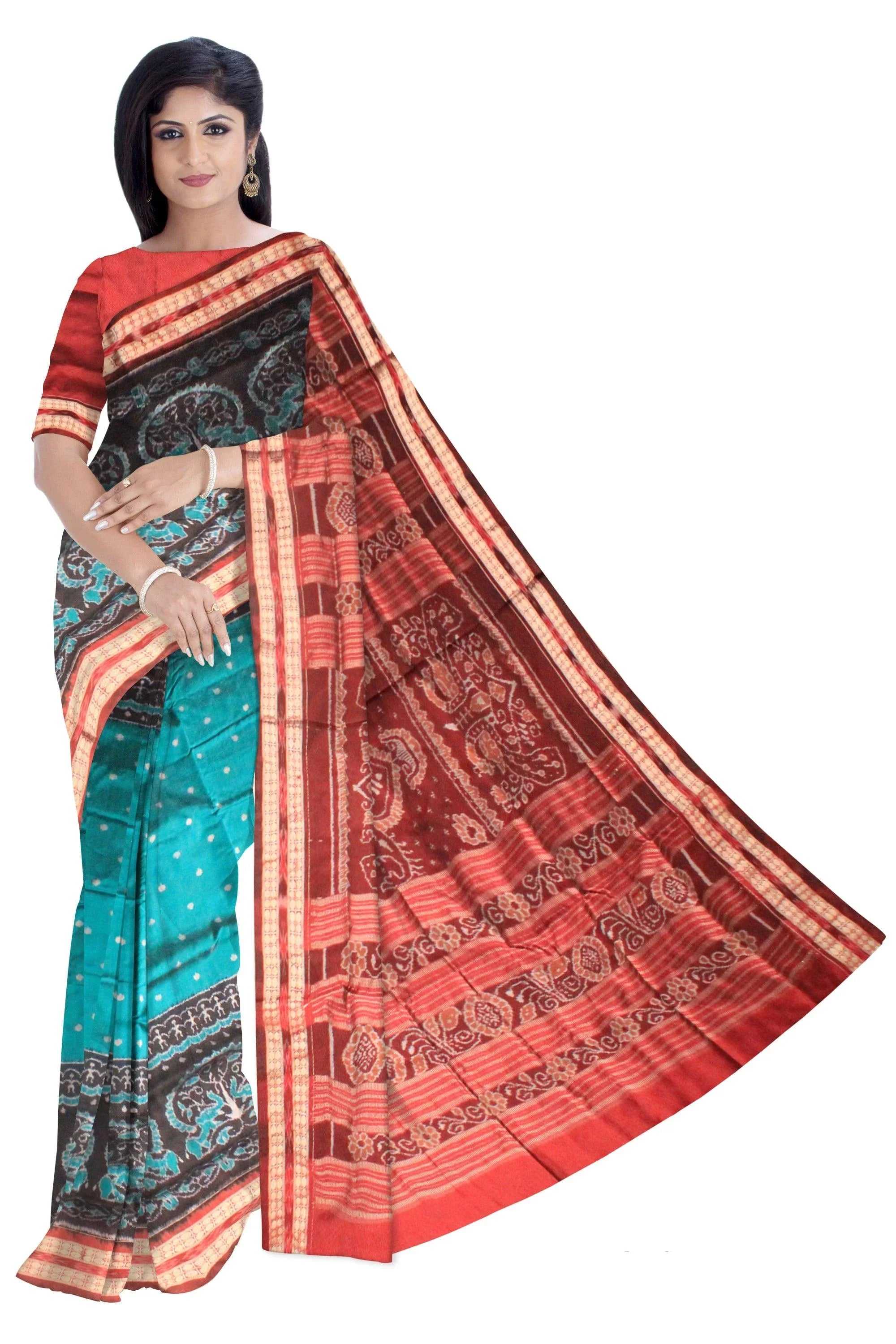 A sambalpuri nature queen pata saree in Persian green color base., with blouse piece. - Koshali Arts & Crafts Enterprise