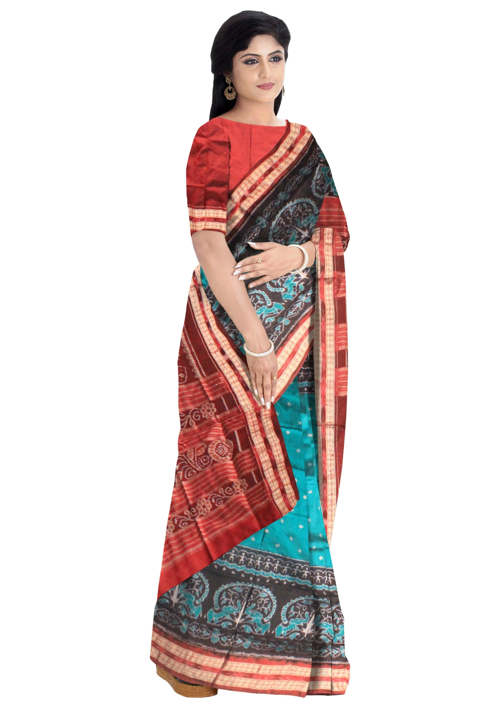 A sambalpuri nature queen  pata saree in Persian green color base., with blouse piece. - Koshali Arts & Crafts Enterprise