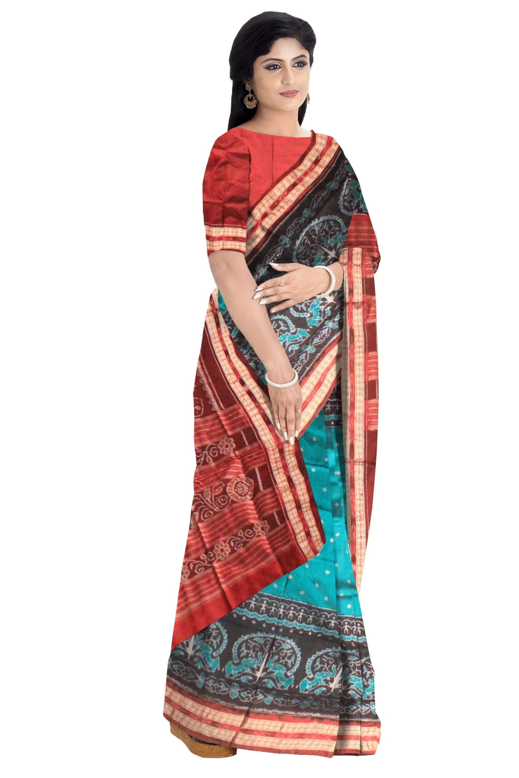 A sambalpuri nature queen pata saree in Persian green color base., with blouse piece. - Koshali Arts & Crafts Enterprise