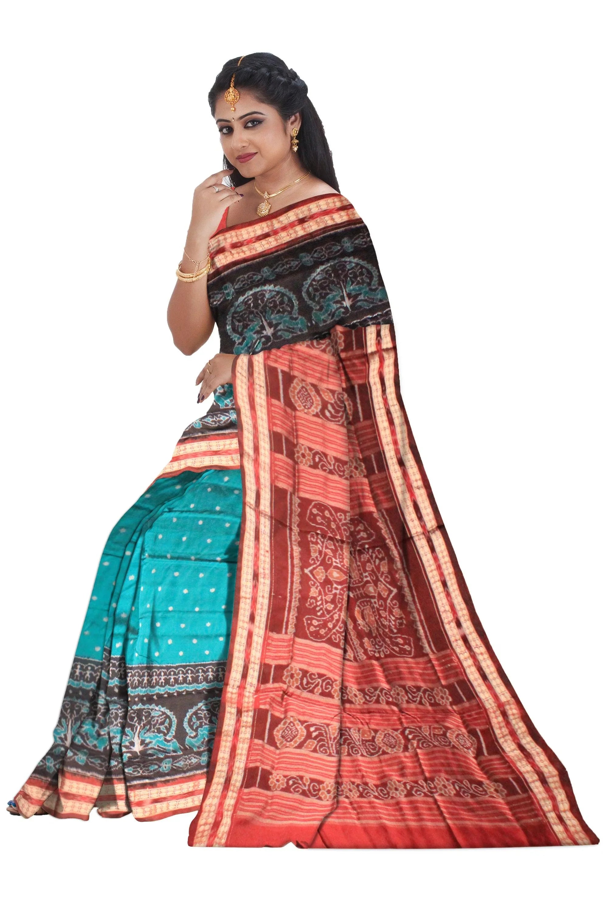 A sambalpuri nature queen pata saree in Persian green color base., with blouse piece. - Koshali Arts & Crafts Enterprise