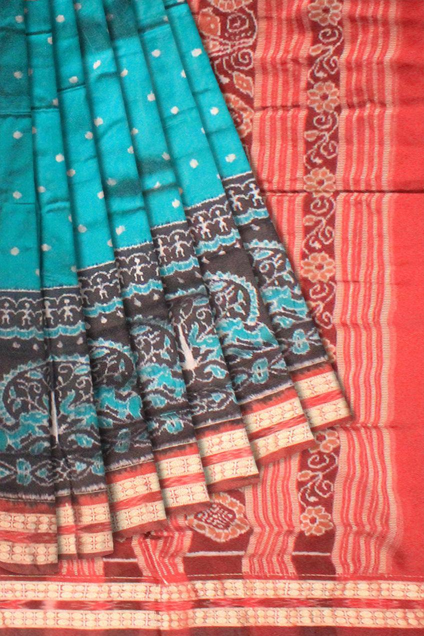 A sambalpuri nature queen pata saree in Persian green color base., with blouse piece. - Koshali Arts & Crafts Enterprise