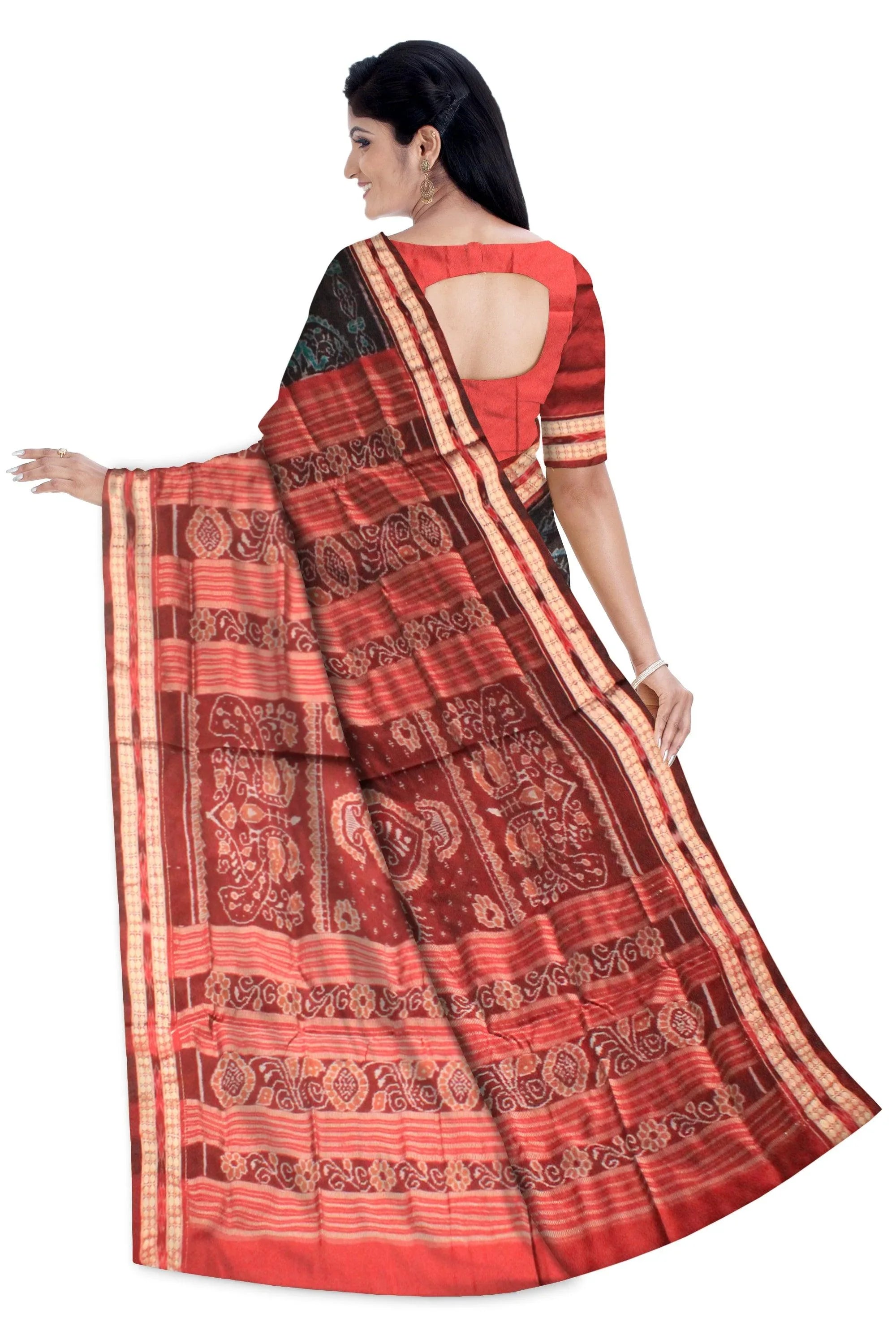 A sambalpuri nature queen pata saree in Persian green color base., with blouse piece. - Koshali Arts & Crafts Enterprise