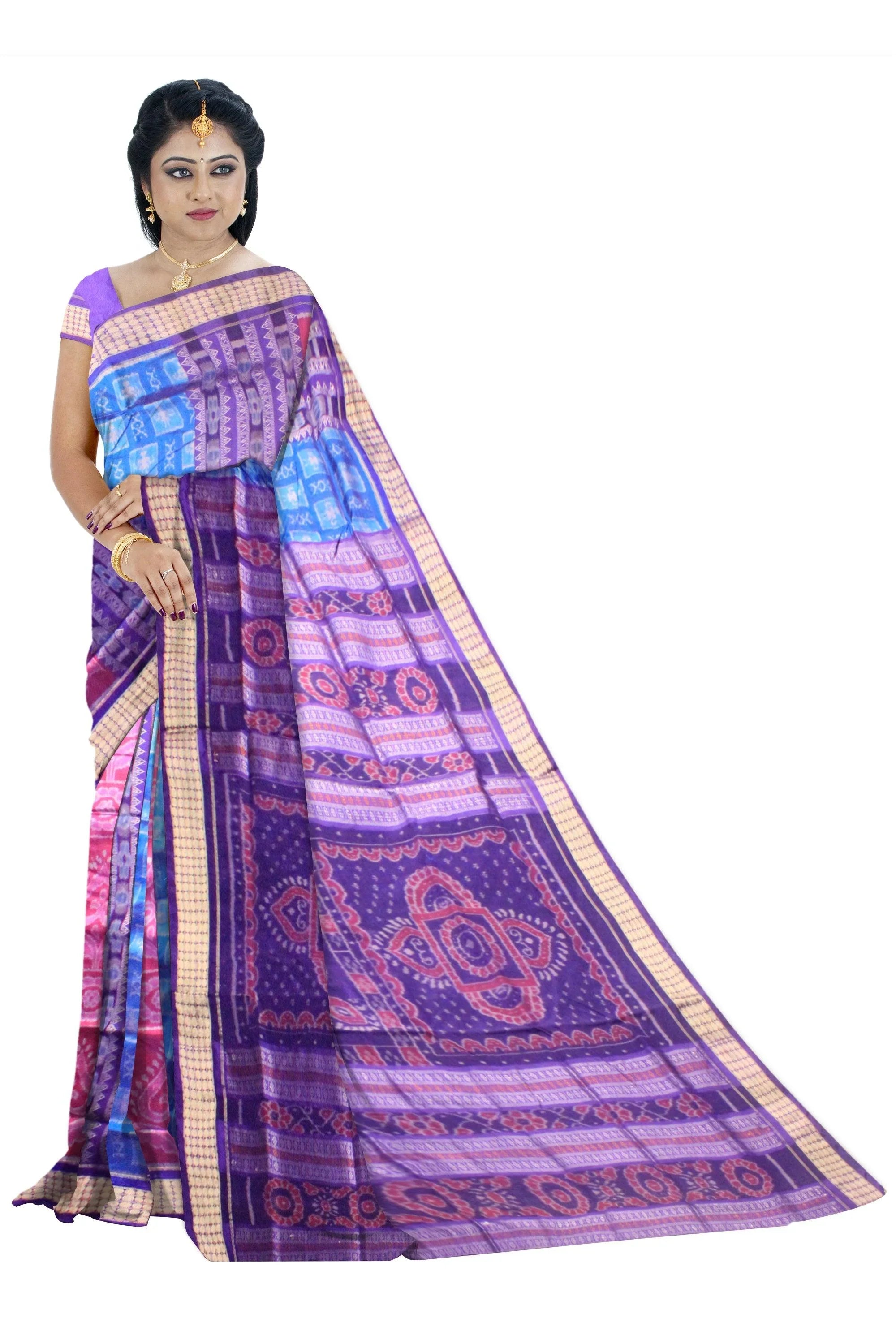Latest design blue ,purple and pink color pata saree with blouse piece. - Koshali Arts & Crafts Enterprise