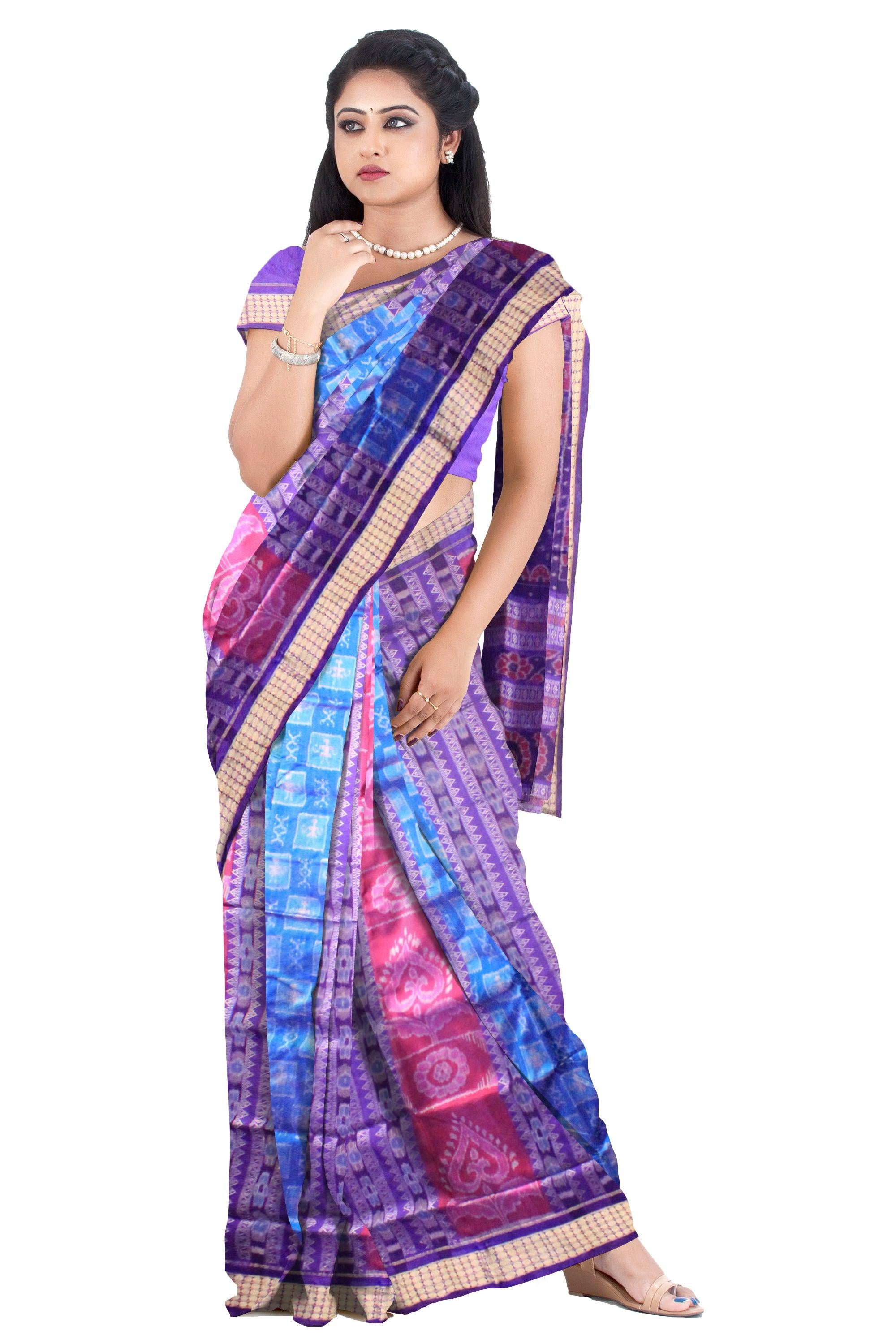 Latest design blue ,purple  and pink   color pata saree  with blouse piece. - Koshali Arts & Crafts Enterprise