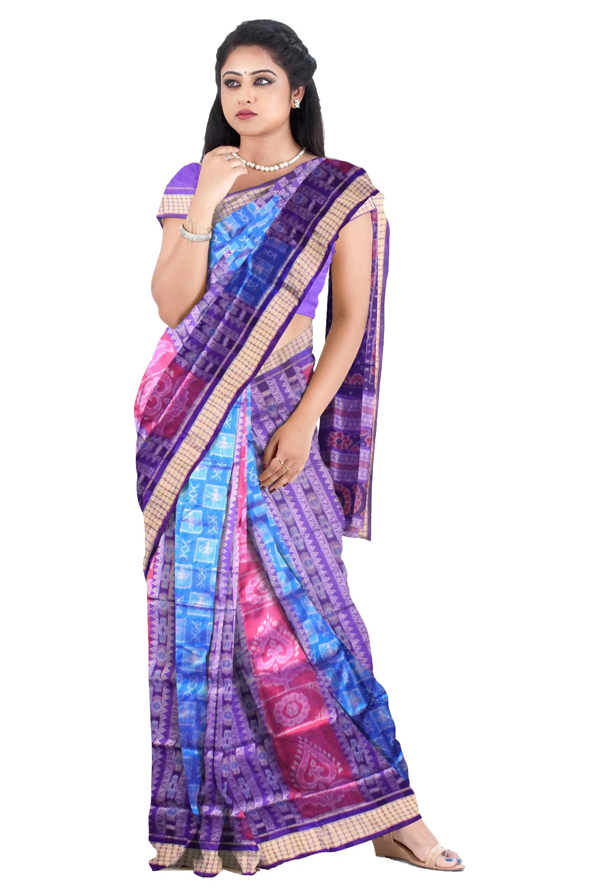 Latest design blue ,purple and pink color pata saree with blouse piece. - Koshali Arts & Crafts Enterprise