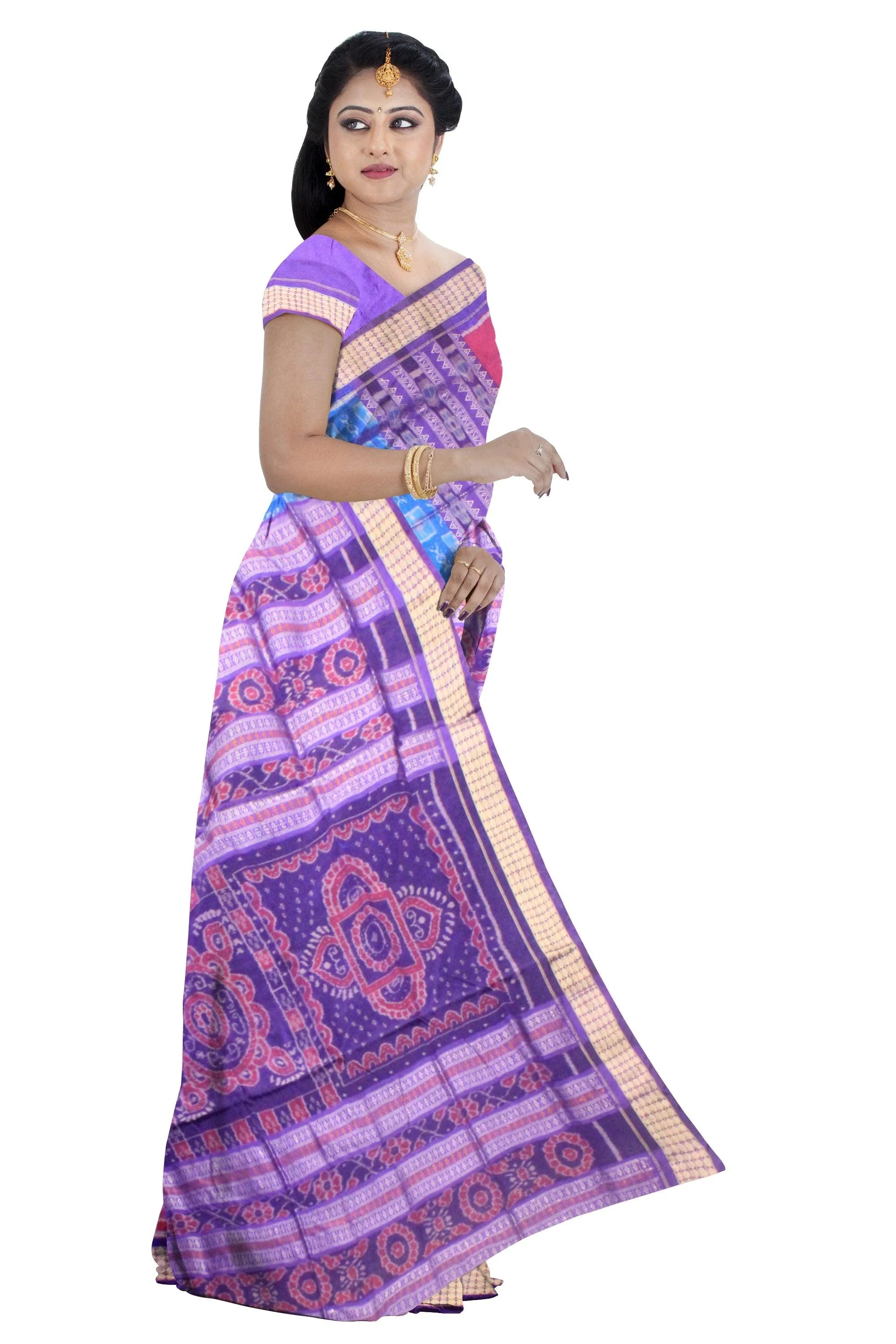 Latest design blue ,purple and pink color pata saree with blouse piece. - Koshali Arts & Crafts Enterprise