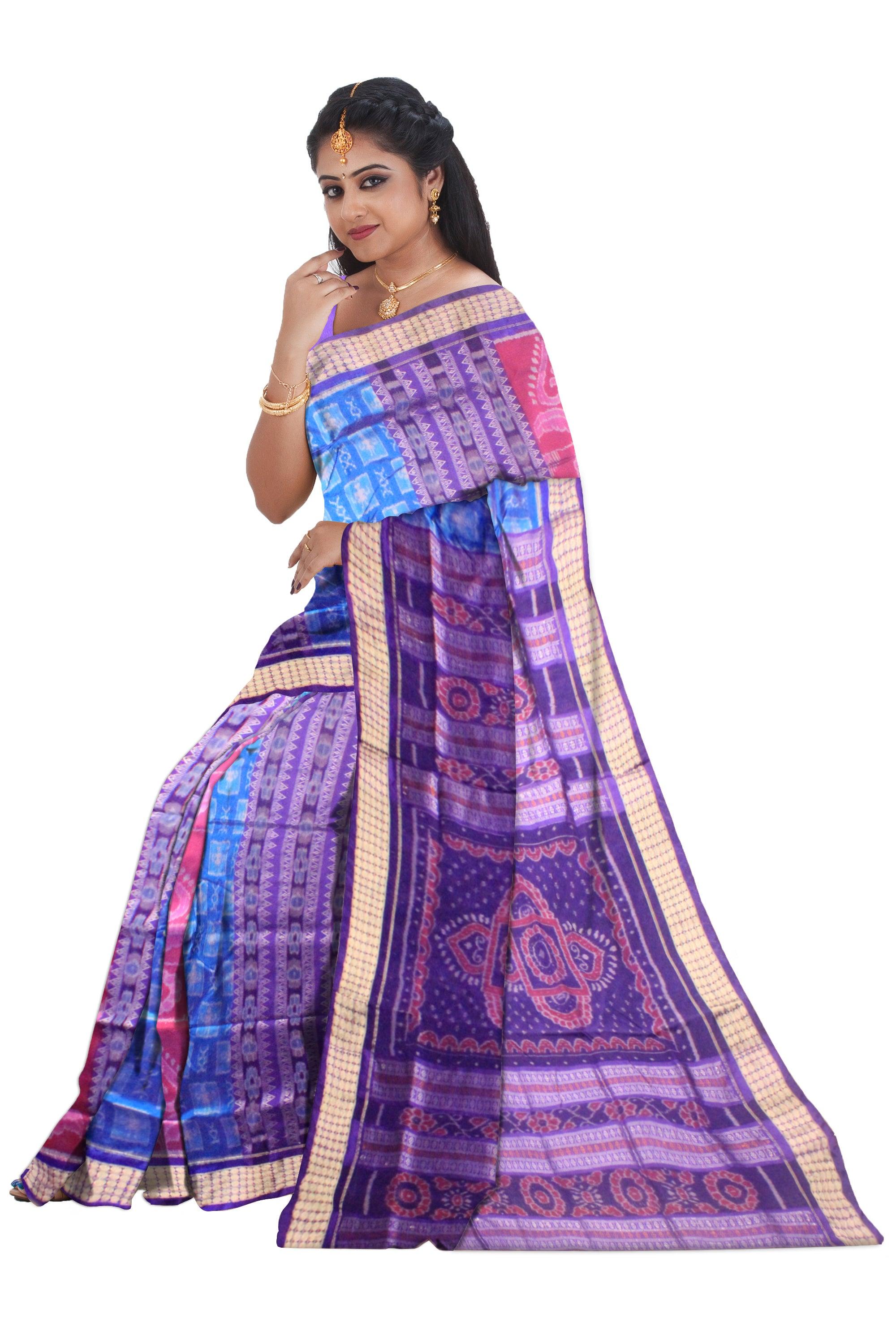 Latest design blue ,purple  and pink   color pata saree  with blouse piece. - Koshali Arts & Crafts Enterprise