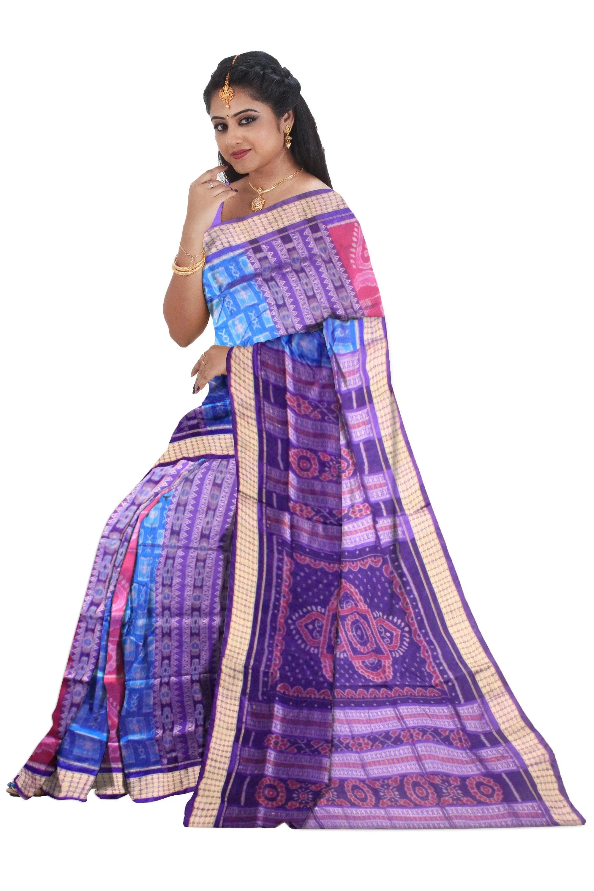 Latest design blue ,purple and pink color pata saree with blouse piece. - Koshali Arts & Crafts Enterprise