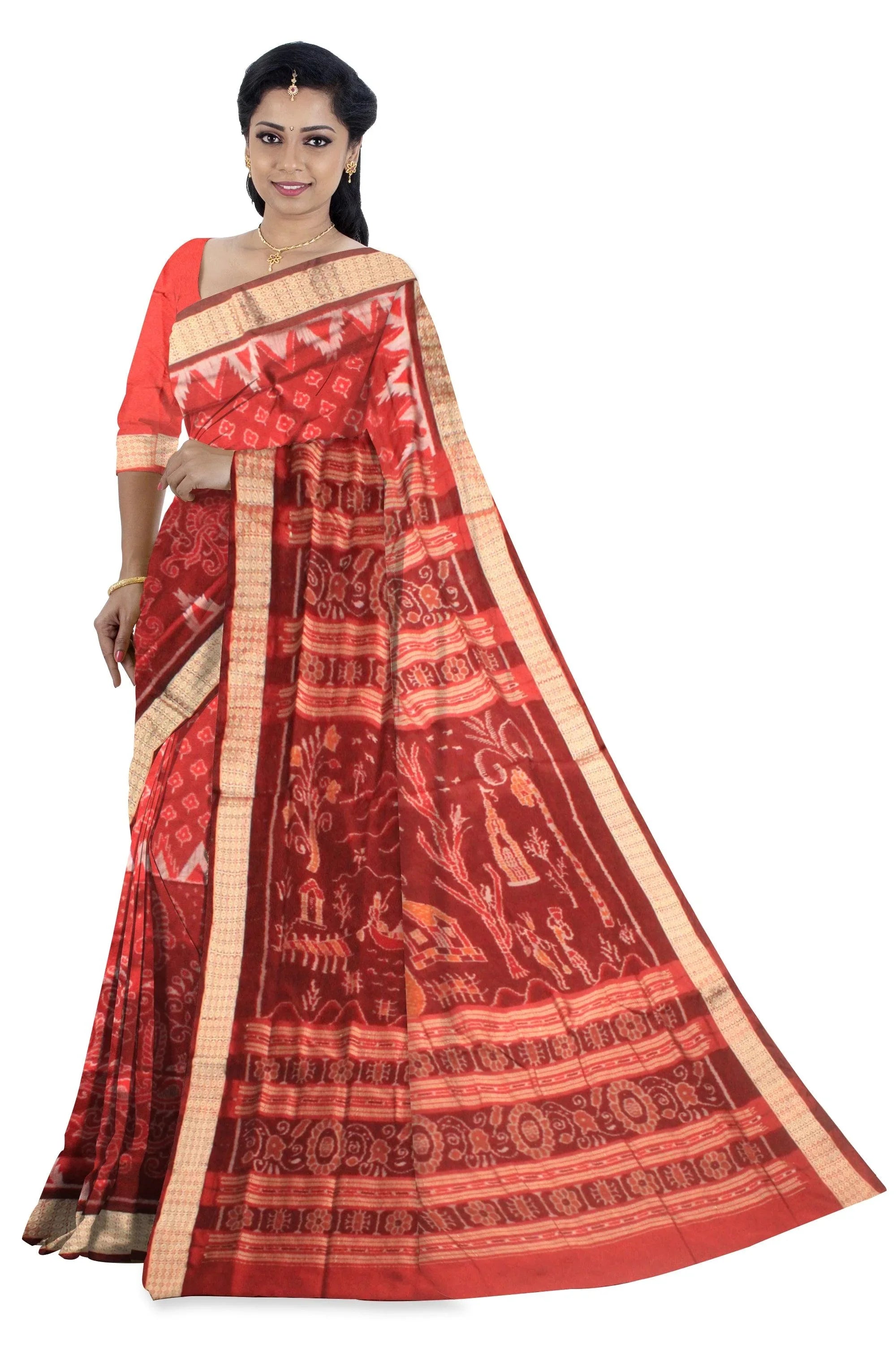 A sambalpuri kumbha saree in red , maroon and white color base, with blouse piece. - Koshali Arts & Crafts Enterprise