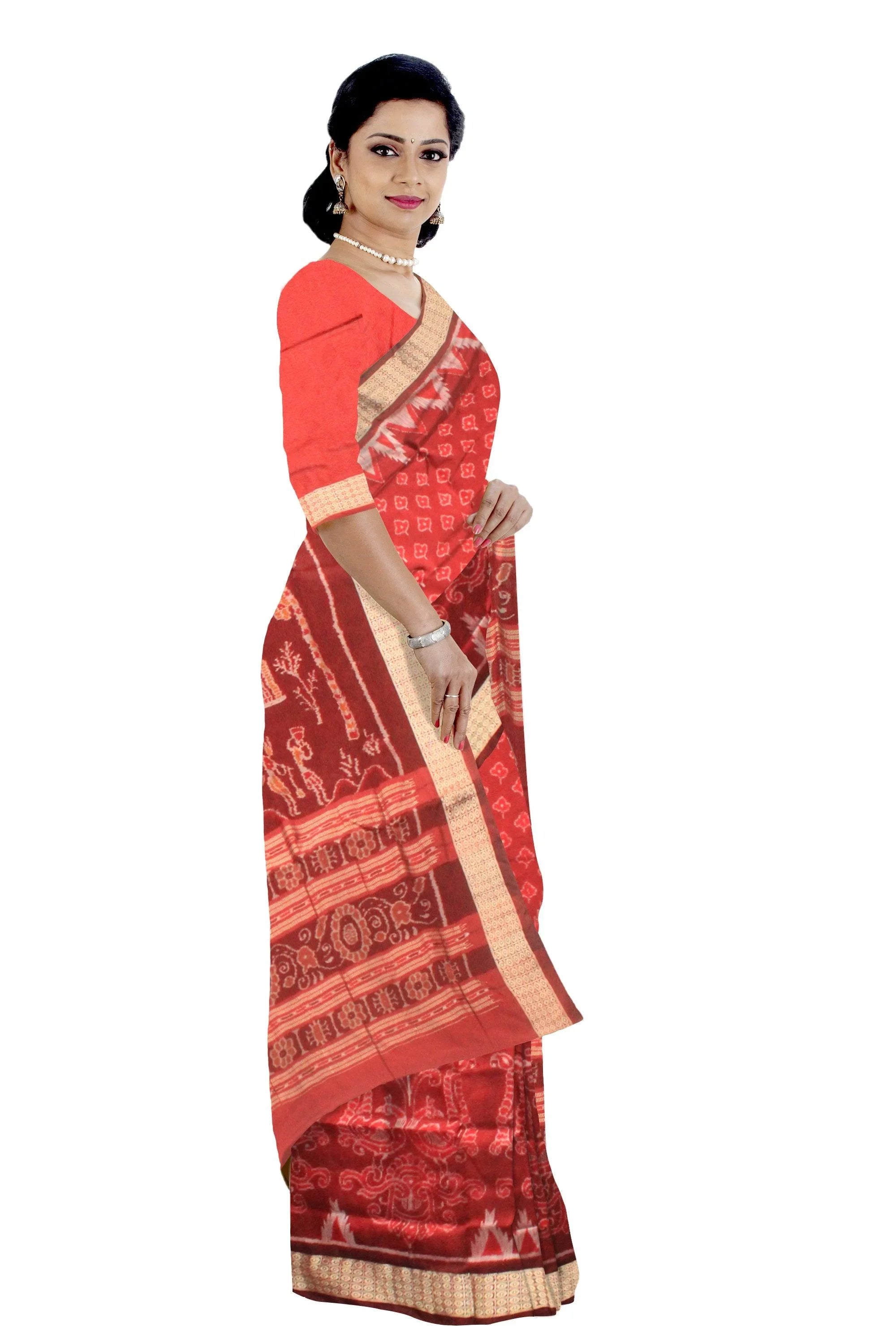 A sambalpuri kumbha saree in red , maroon and white color base, with blouse piece. - Koshali Arts & Crafts Enterprise