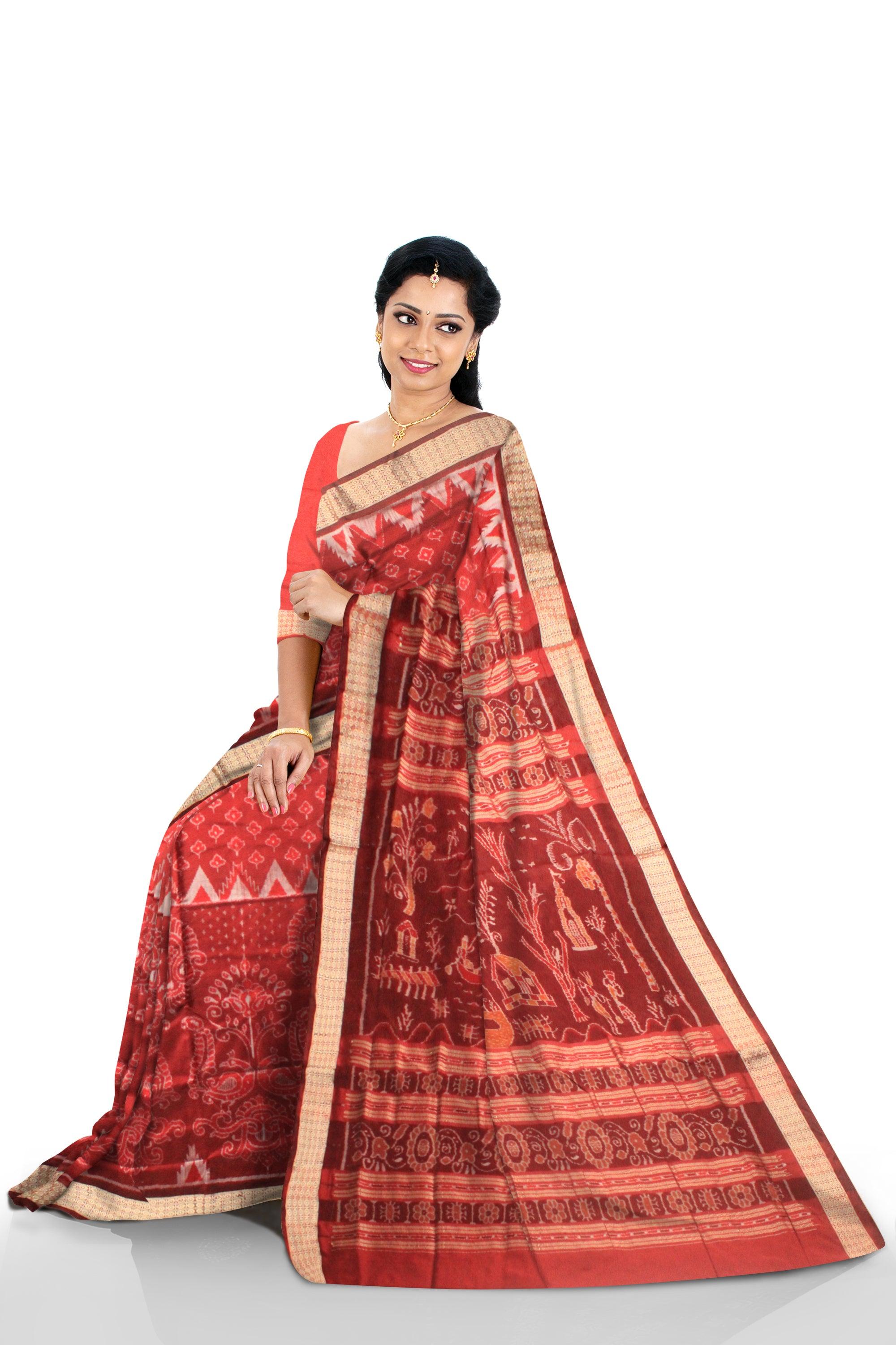 A sambalpuri kumbha saree  in red  , maroon and white color base,  with blouse piece. - Koshali Arts & Crafts Enterprise