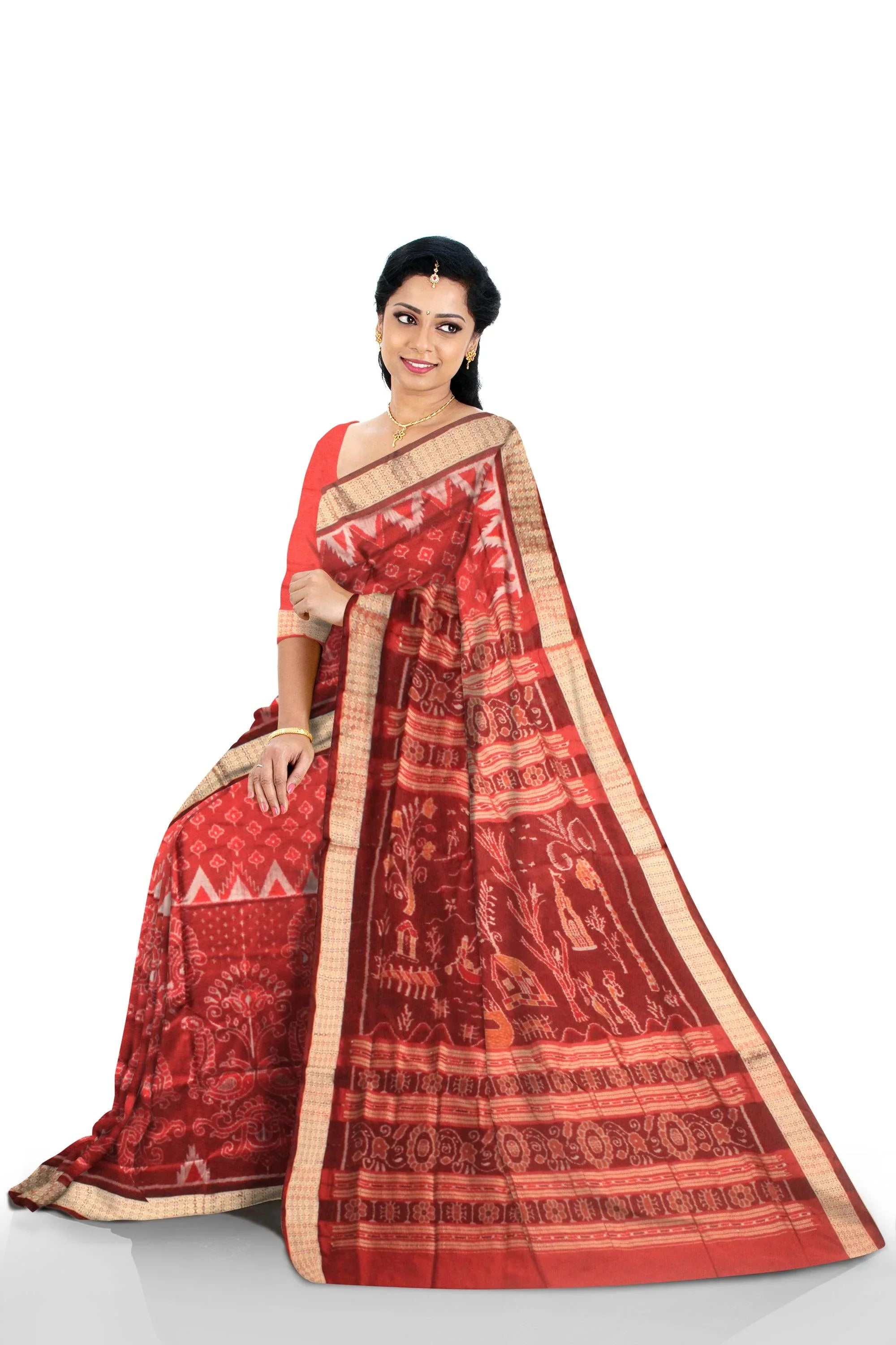 A sambalpuri kumbha saree in red , maroon and white color base, with blouse piece. - Koshali Arts & Crafts Enterprise