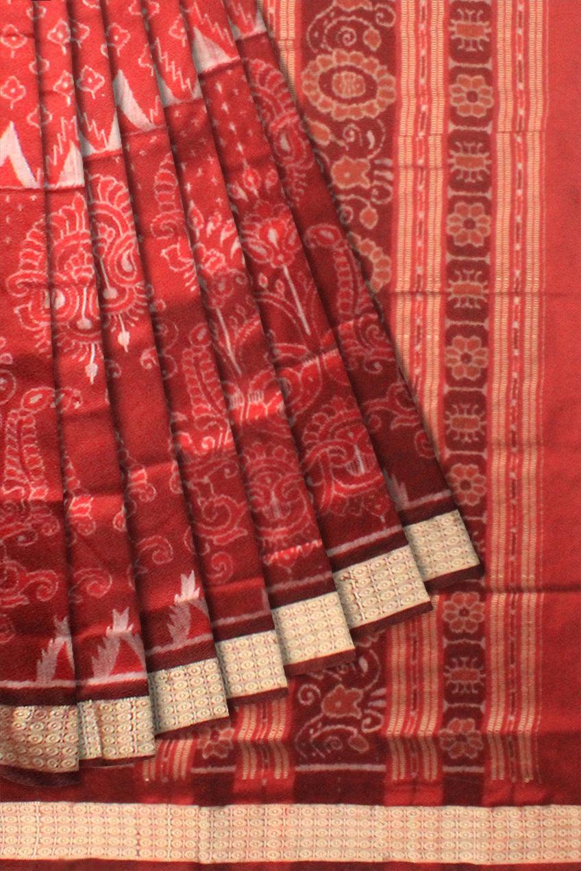 A sambalpuri kumbha saree in red , maroon and white color base, with blouse piece. - Koshali Arts & Crafts Enterprise