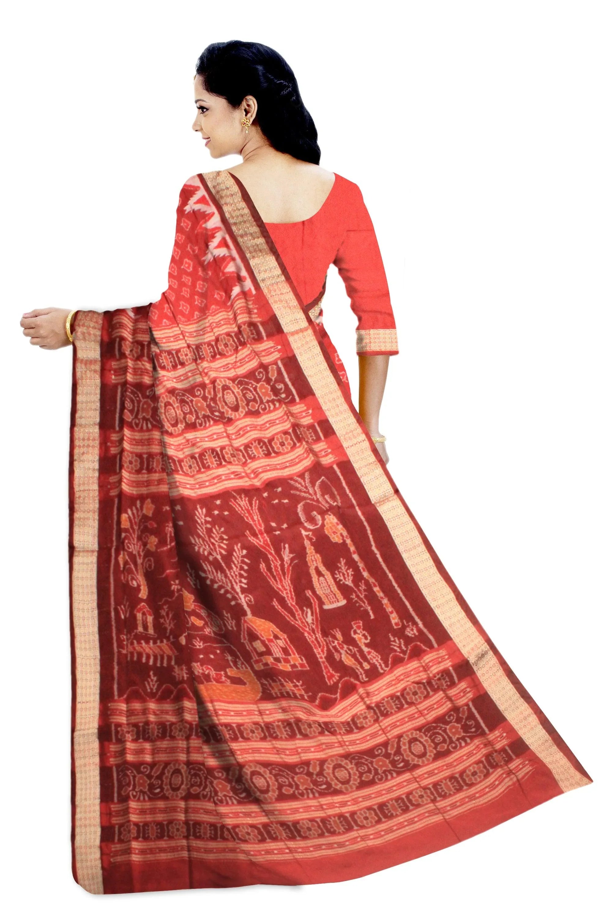 A sambalpuri kumbha saree in red , maroon and white color base, with blouse piece. - Koshali Arts & Crafts Enterprise
