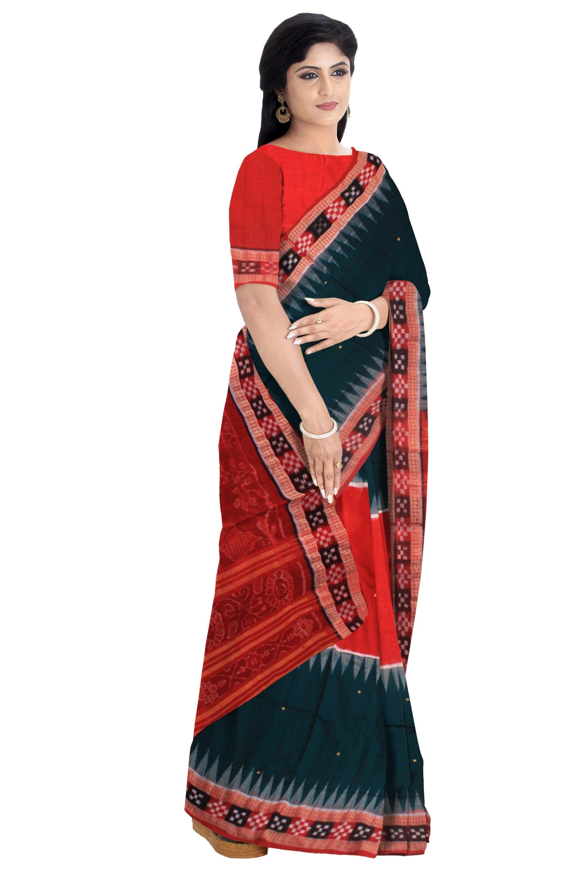 A Sambalpuri cotton saree in Dark green and Red color Dhadisapta design,with blouse piece. - Koshali Arts & Crafts Enterprise