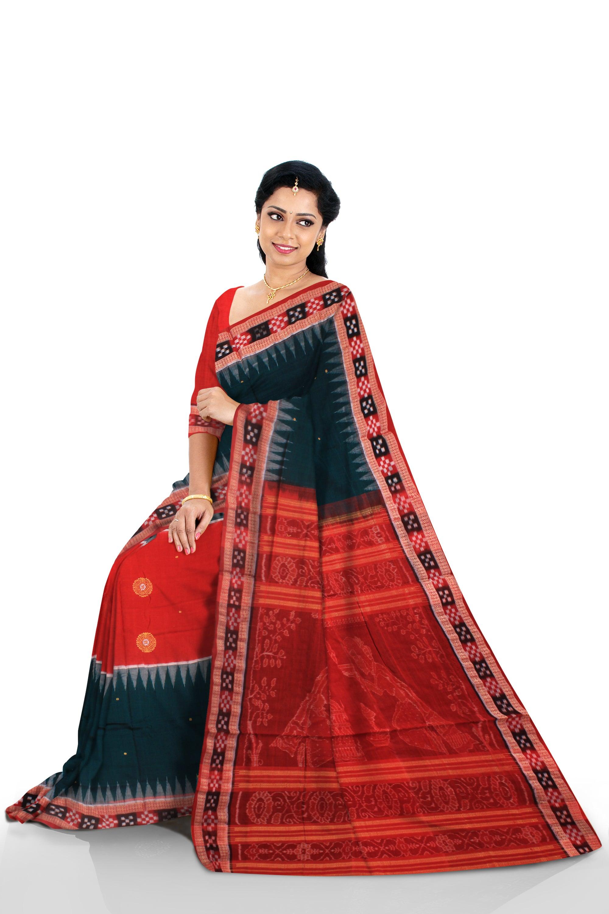 A Sambalpuri cotton saree in Dark green and Red color Dhadisapta design,with blouse piece. - Koshali Arts & Crafts Enterprise