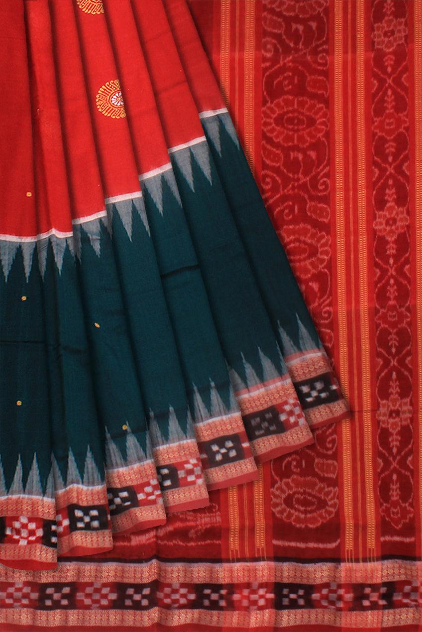 A Sambalpuri cotton saree in Dark green and Red color Dhadisapta design,with blouse piece. - Koshali Arts & Crafts Enterprise
