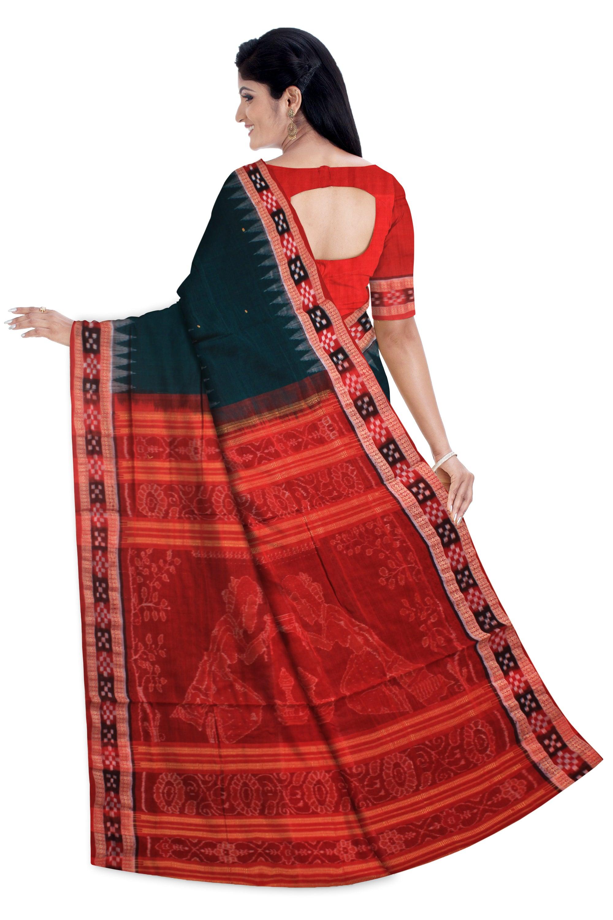 A Sambalpuri cotton saree in Dark green and Red color Dhadisapta design,with blouse piece. - Koshali Arts & Crafts Enterprise