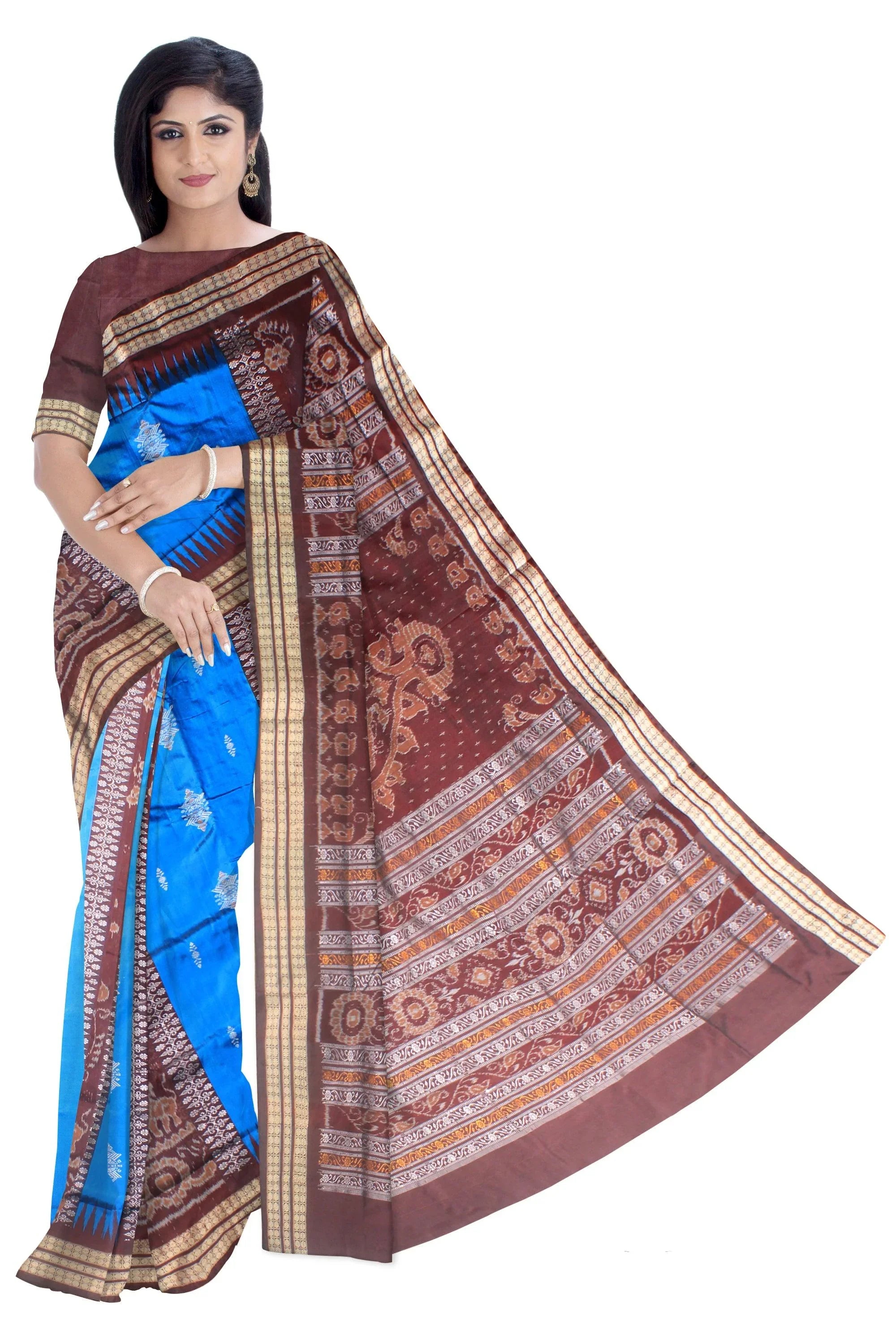 A sambalpuri saree in blue and coffee color base , with blouse piece. - Koshali Arts & Crafts Enterprise