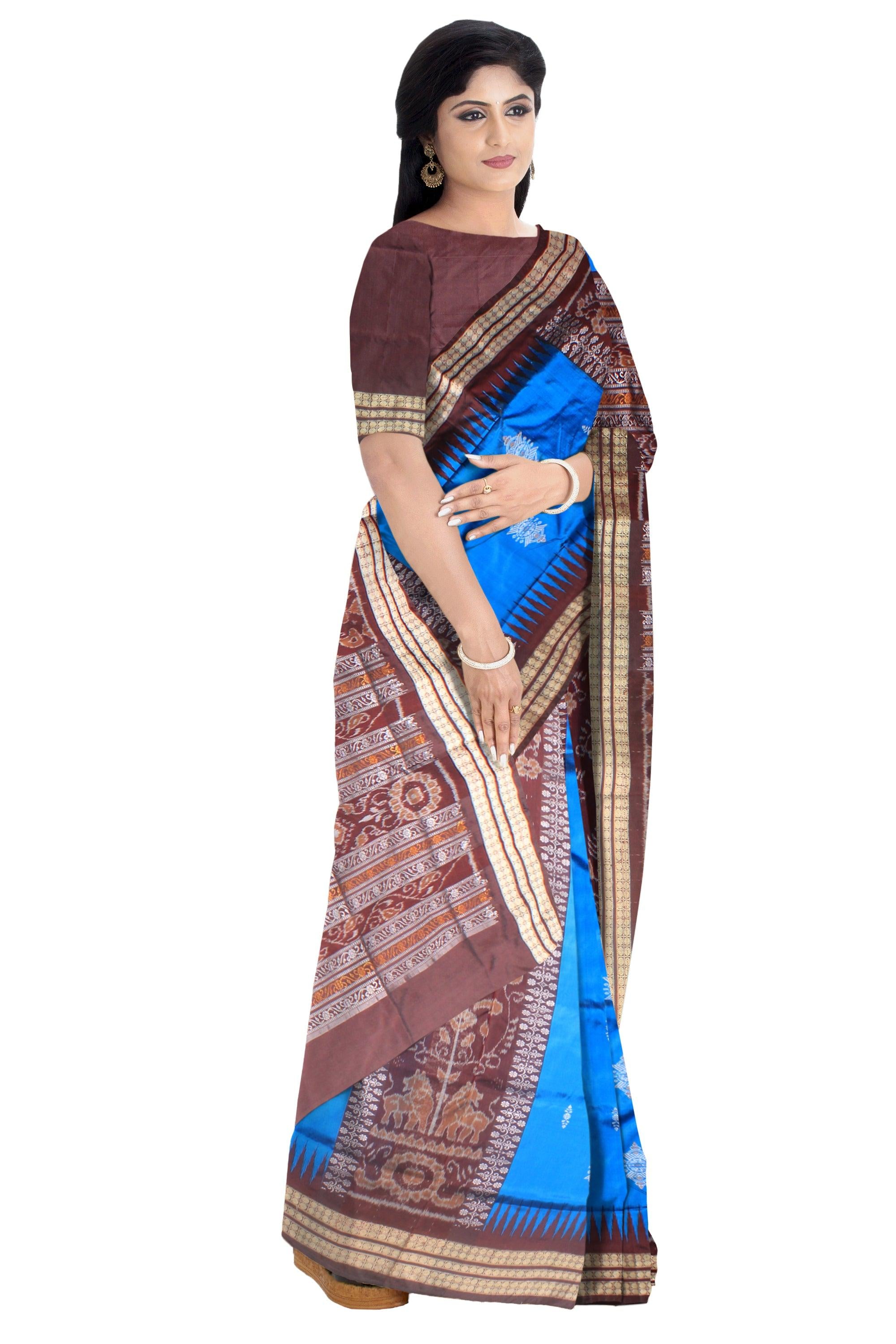 A sambalpuri saree in blue and coffee color base , with blouse piece. - Koshali Arts & Crafts Enterprise