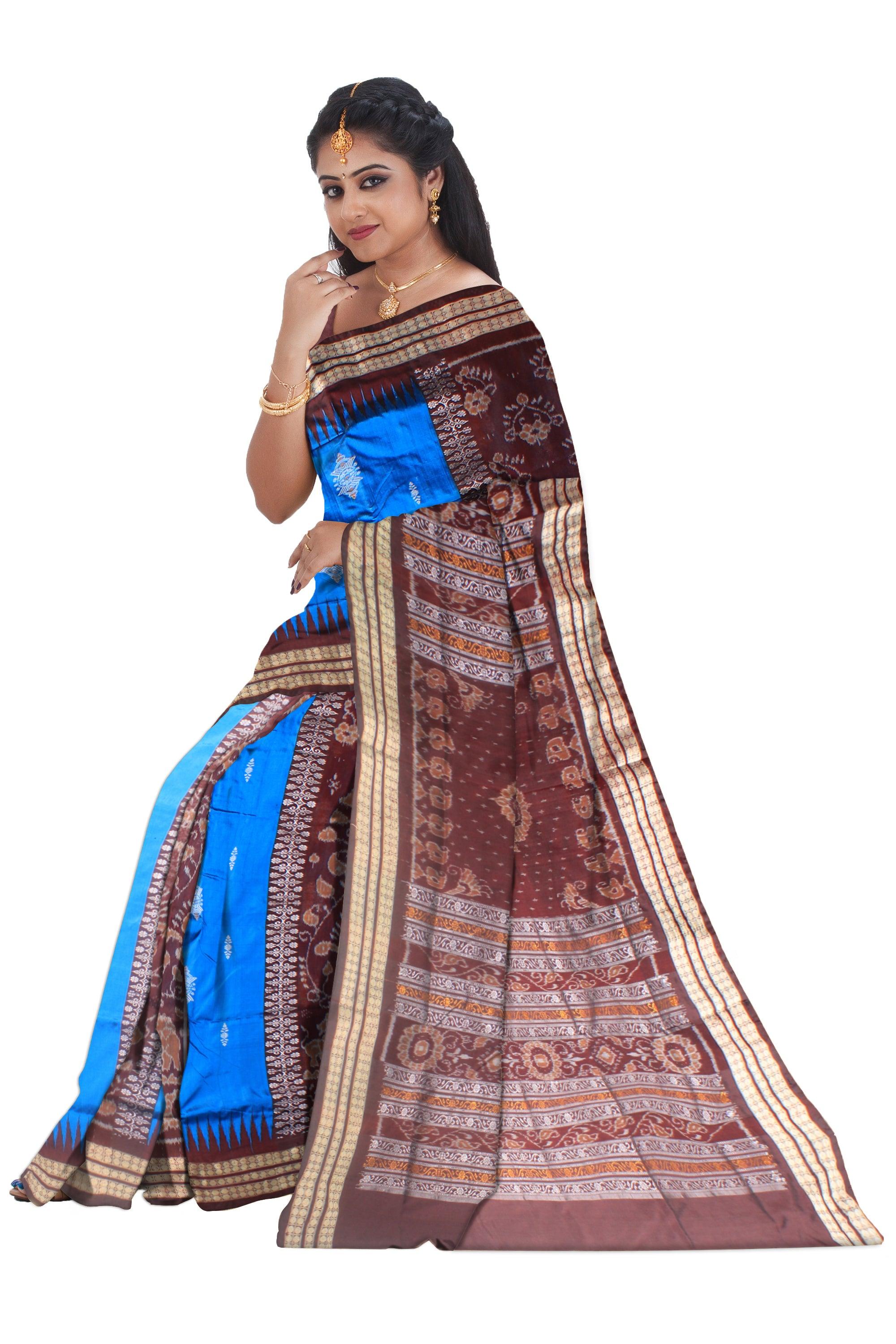 A sambalpuri saree in blue and coffee color base , with blouse piece. - Koshali Arts & Crafts Enterprise