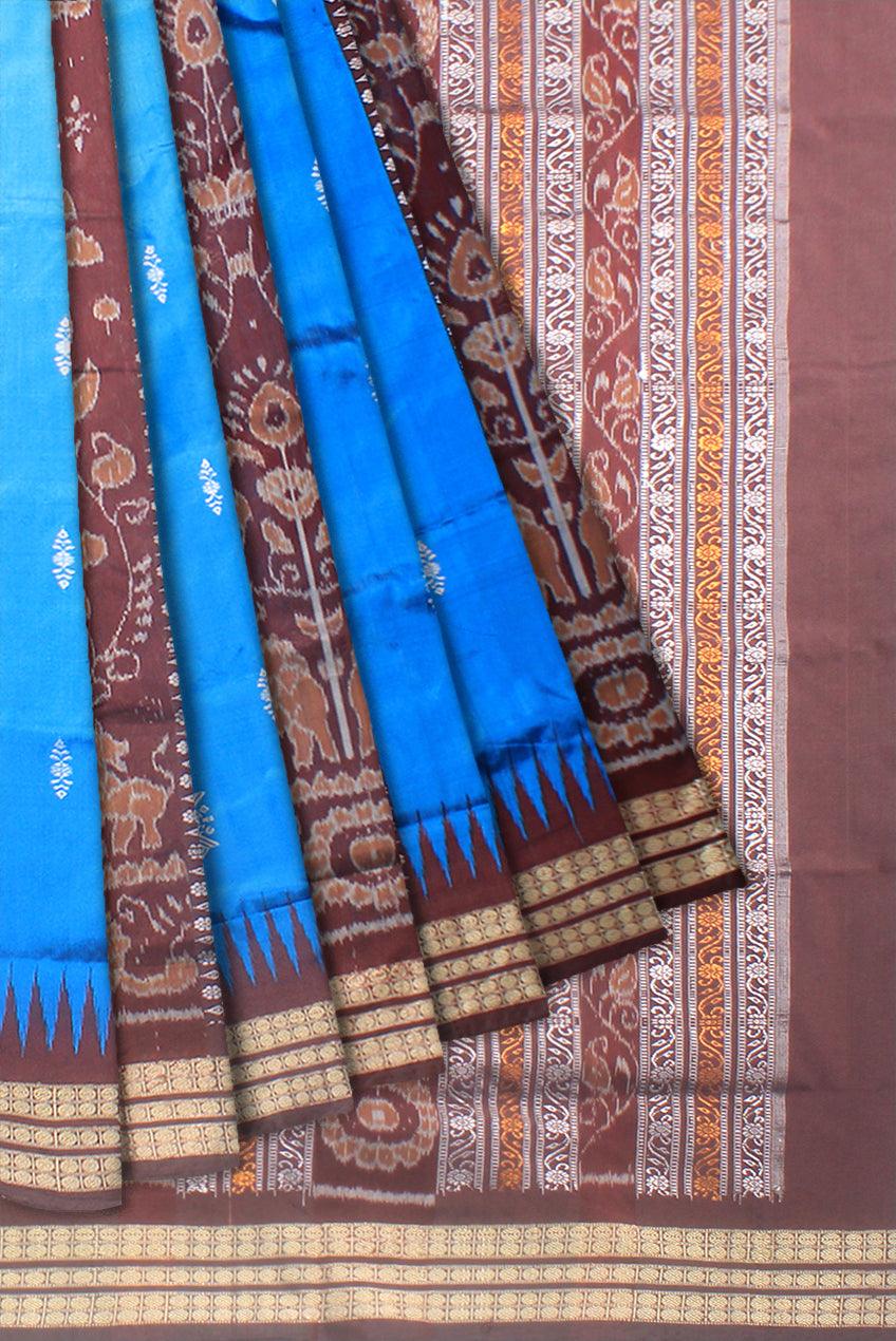 A sambalpuri saree in blue and coffee color base , with blouse piece. - Koshali Arts & Crafts Enterprise