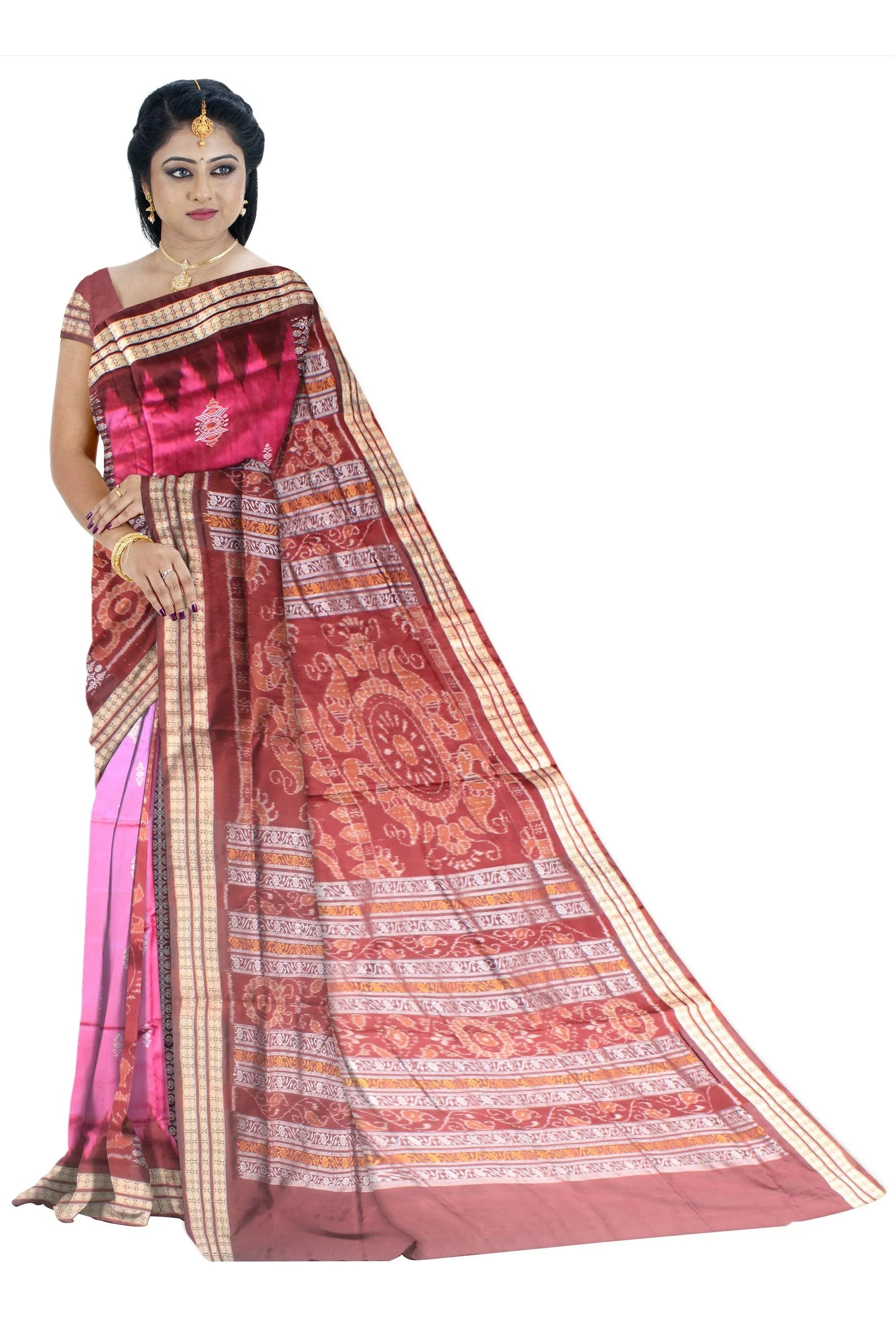 A sambalpuri pata saree in maroon and pink color base, with blouse piece. - Koshali Arts & Crafts Enterprise