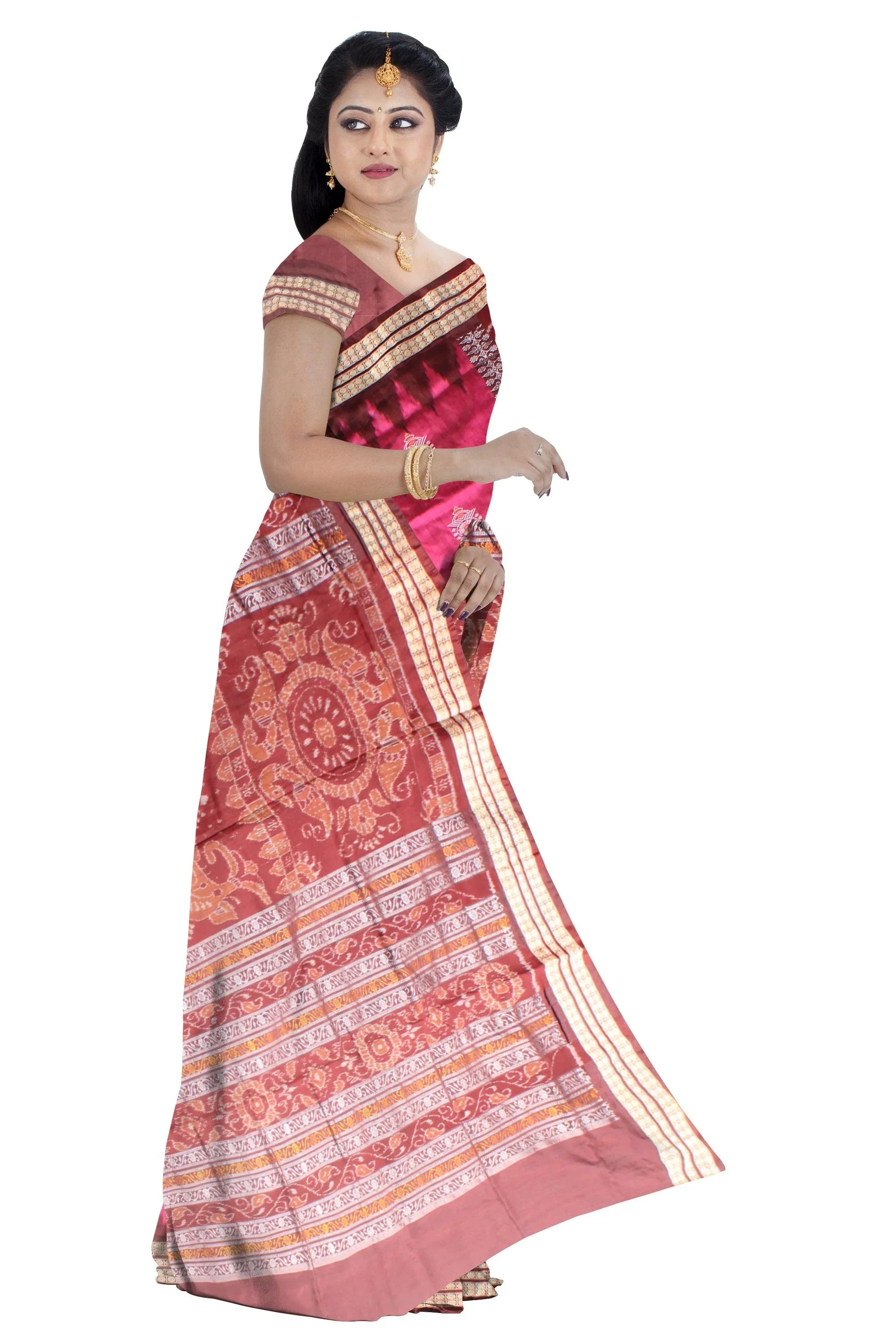 A sambalpuri pata saree in maroon and pink color base, with blouse piece. - Koshali Arts & Crafts Enterprise