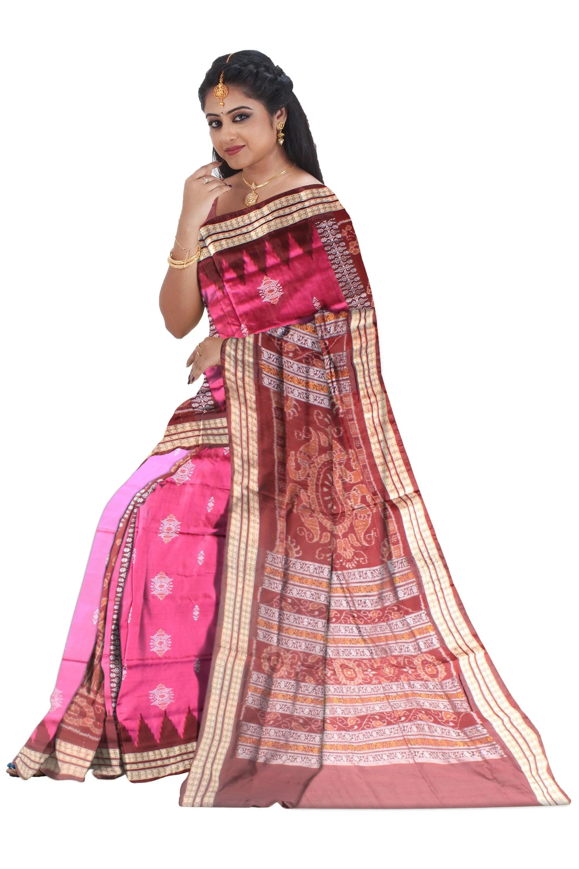 A sambalpuri pata saree in maroon and pink color base, with blouse piece. - Koshali Arts & Crafts Enterprise