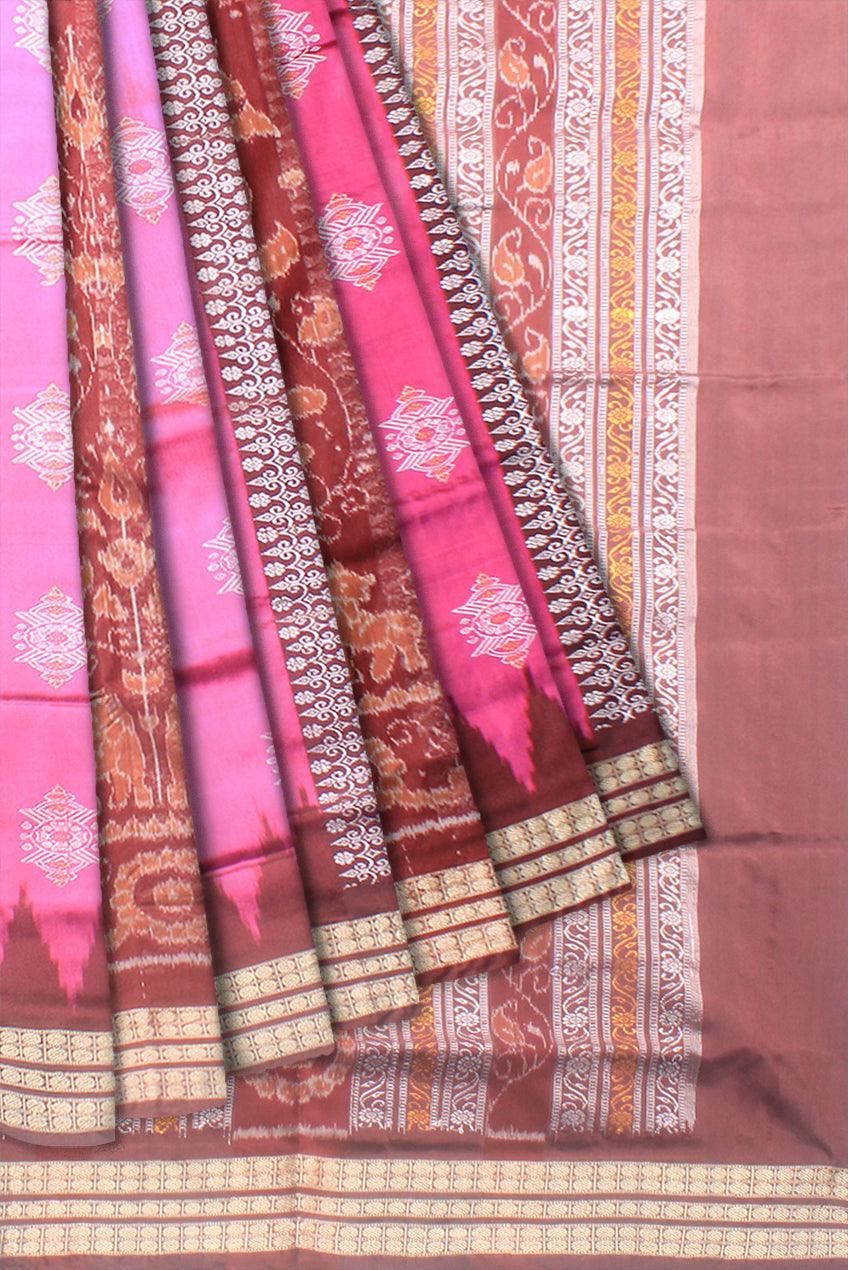 A sambalpuri pata saree in maroon and pink color base, with blouse piece. - Koshali Arts & Crafts Enterprise