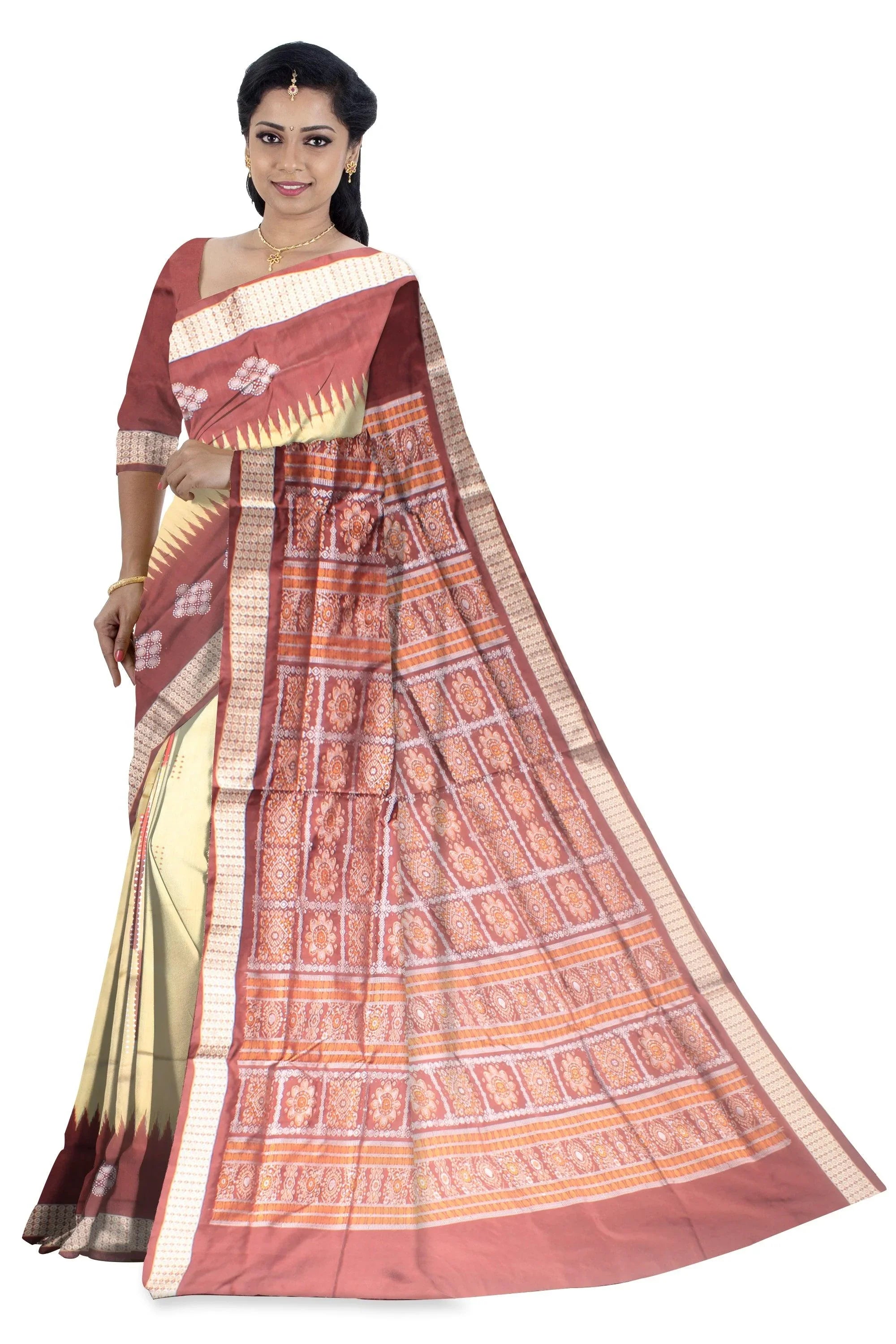 A sambalpuri pata saree in Golden (peach) and maroon color, with blouse piece. - Koshali Arts & Crafts Enterprise