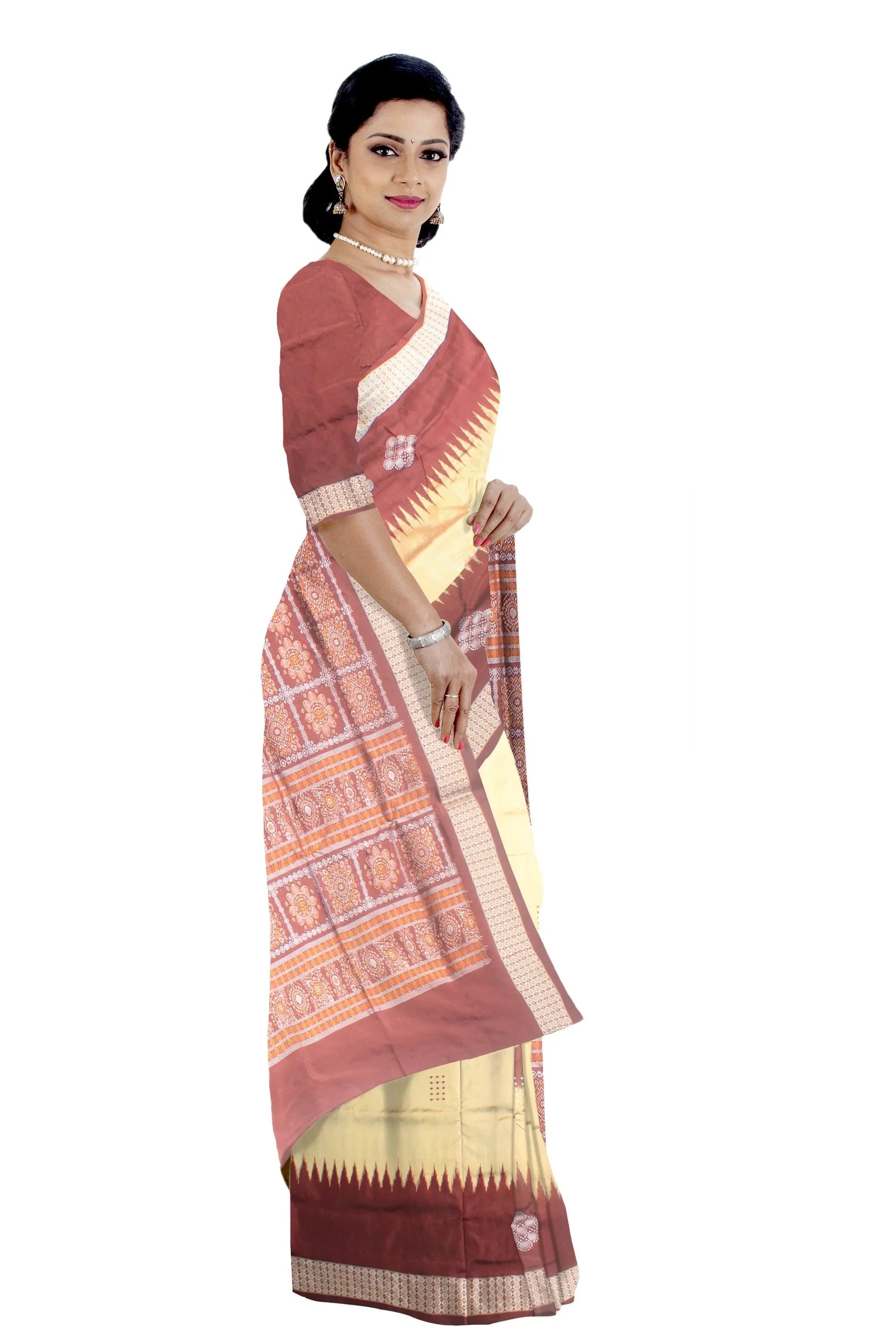 A sambalpuri pata saree in Golden (peach) and maroon color, with blouse piece. - Koshali Arts & Crafts Enterprise