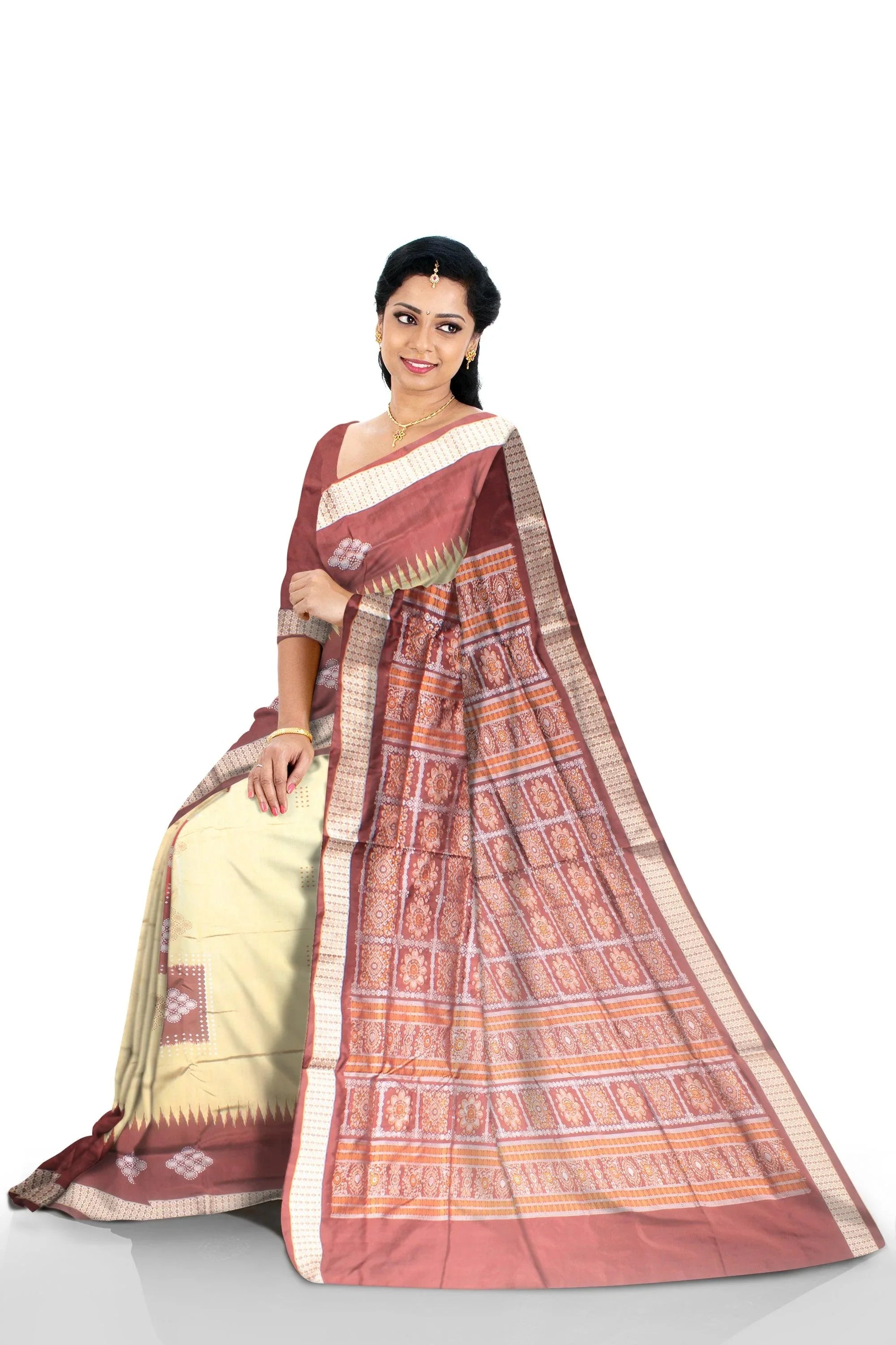 A sambalpuri pata saree in Golden (peach) and maroon color, with blouse piece. - Koshali Arts & Crafts Enterprise