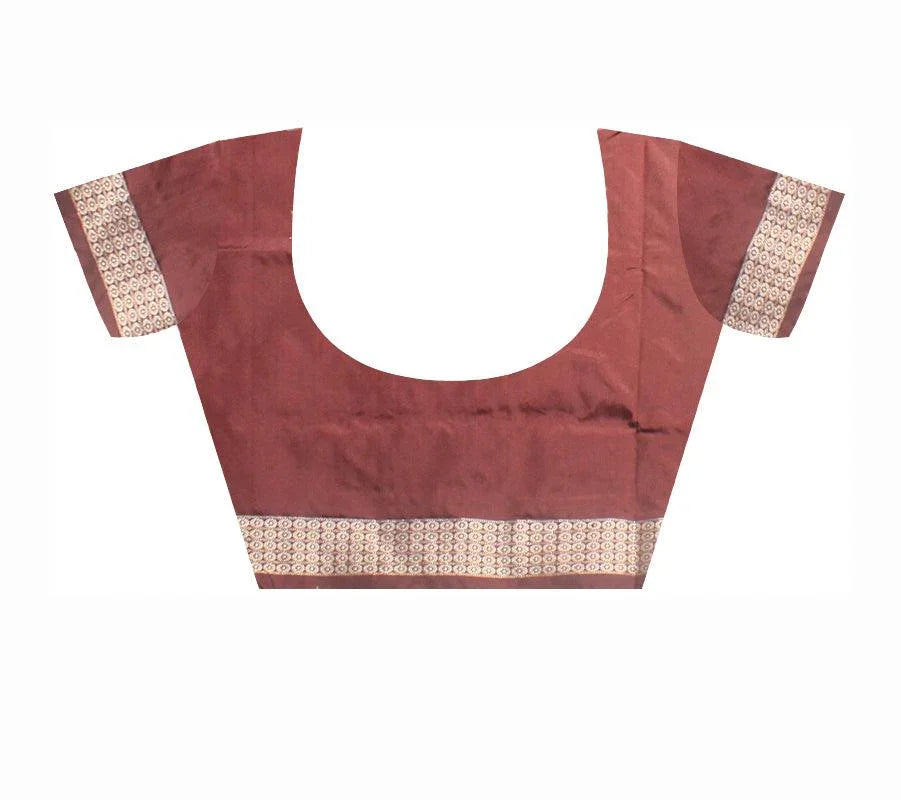 A sambalpuri pata saree in Golden (peach) and maroon color, with blouse piece. - Koshali Arts & Crafts Enterprise