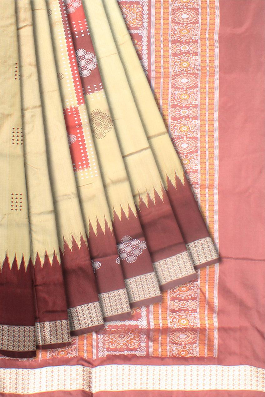 A sambalpuri pata saree in Golden (peach) and maroon color, with blouse piece. - Koshali Arts & Crafts Enterprise