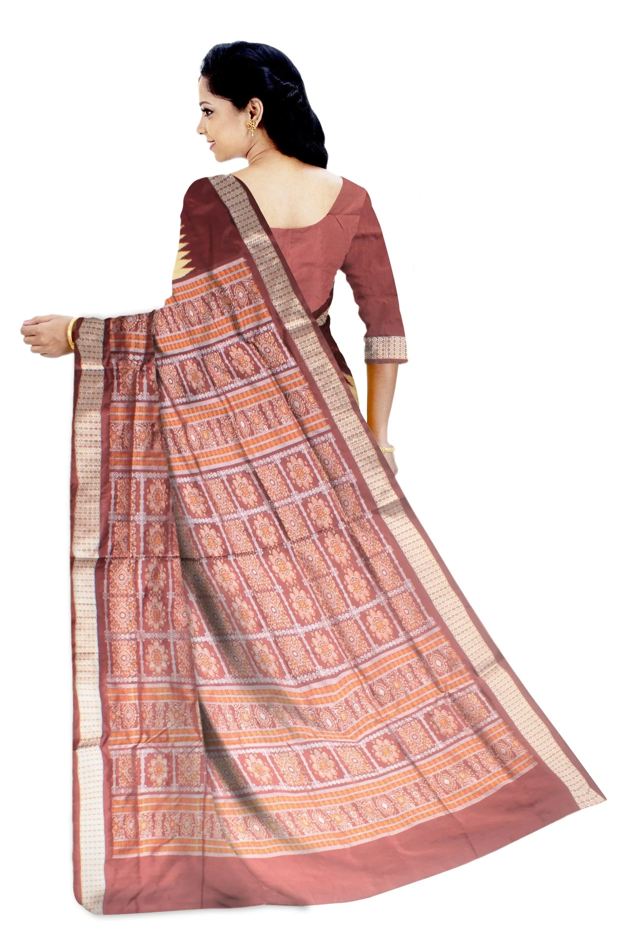 A sambalpuri pata saree in Golden (peach) and maroon color, with blouse piece. - Koshali Arts & Crafts Enterprise