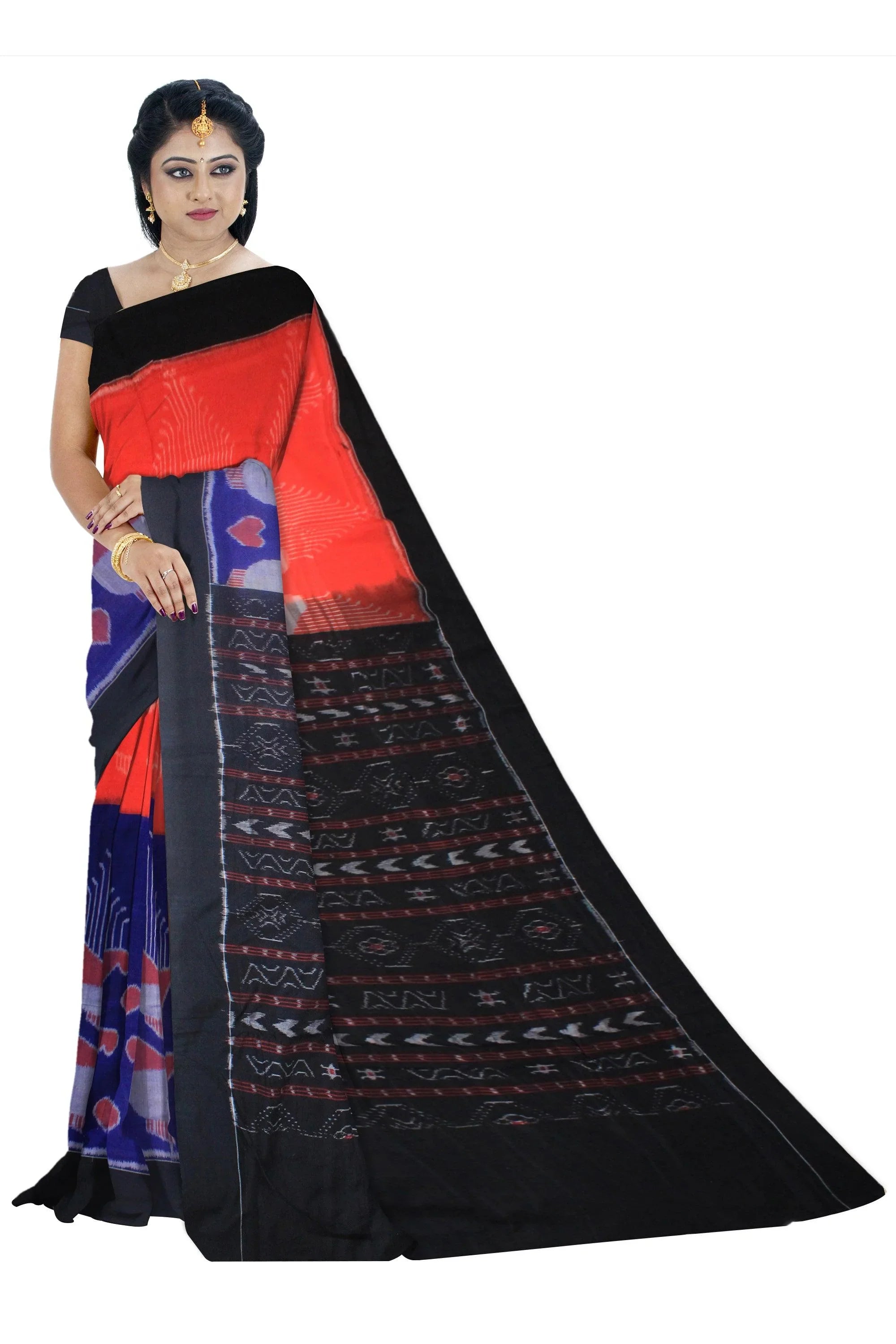 Sambalpuri cotton in deep blue and orange color saree. Available with blouse piece. - Koshali Arts & Crafts Enterprise
