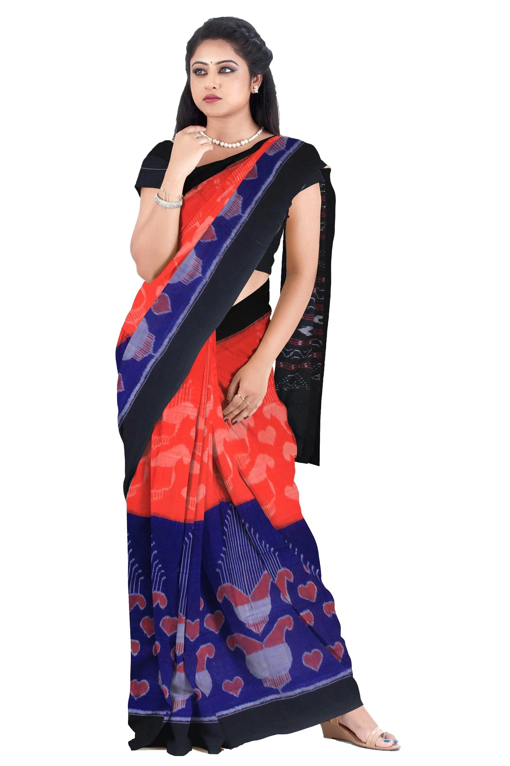 Sambalpuri cotton in deep blue and orange color saree. Available with blouse piece. - Koshali Arts & Crafts Enterprise