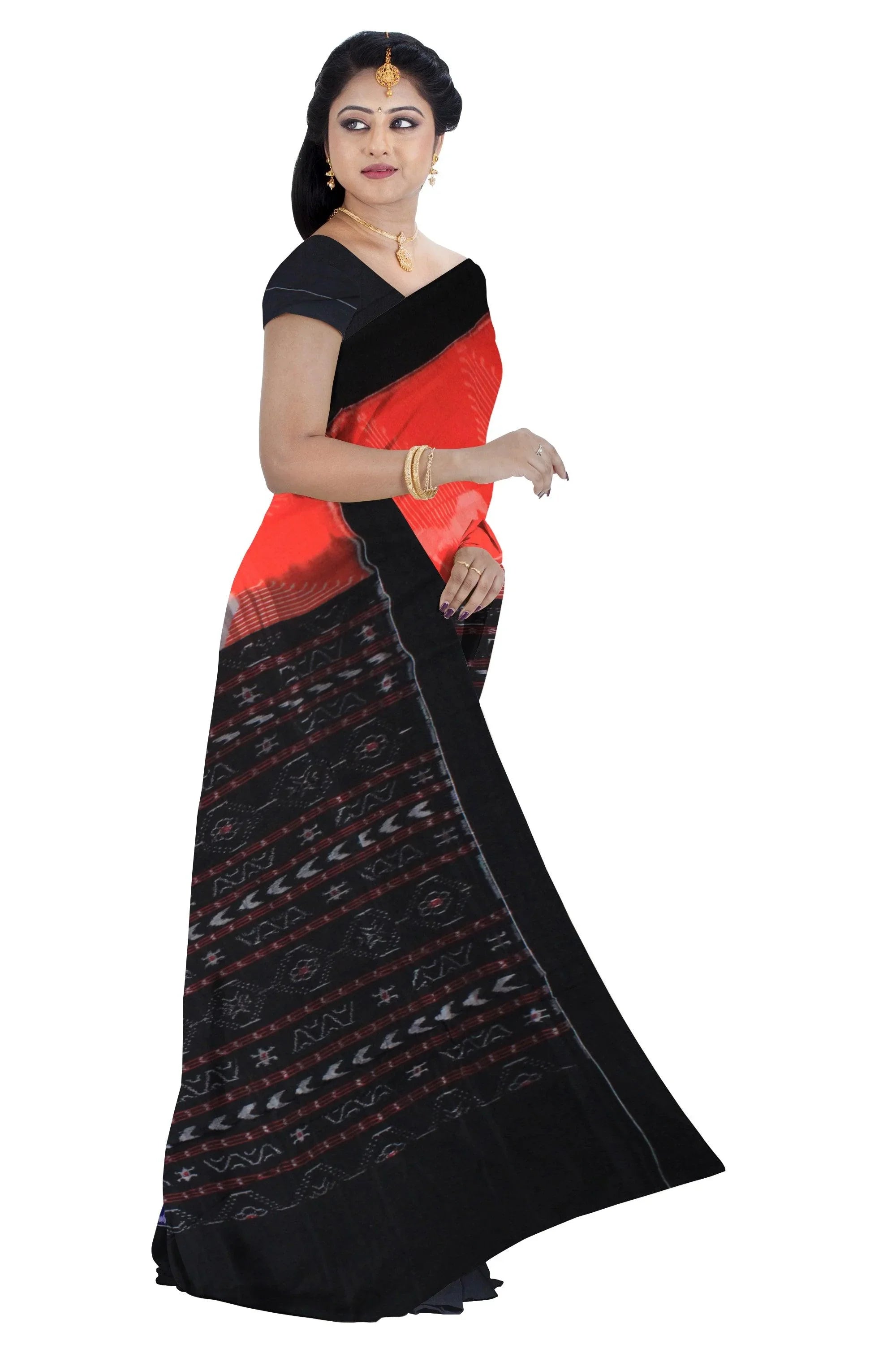 Sambalpuri cotton in deep blue and orange color saree. Available with blouse piece. - Koshali Arts & Crafts Enterprise