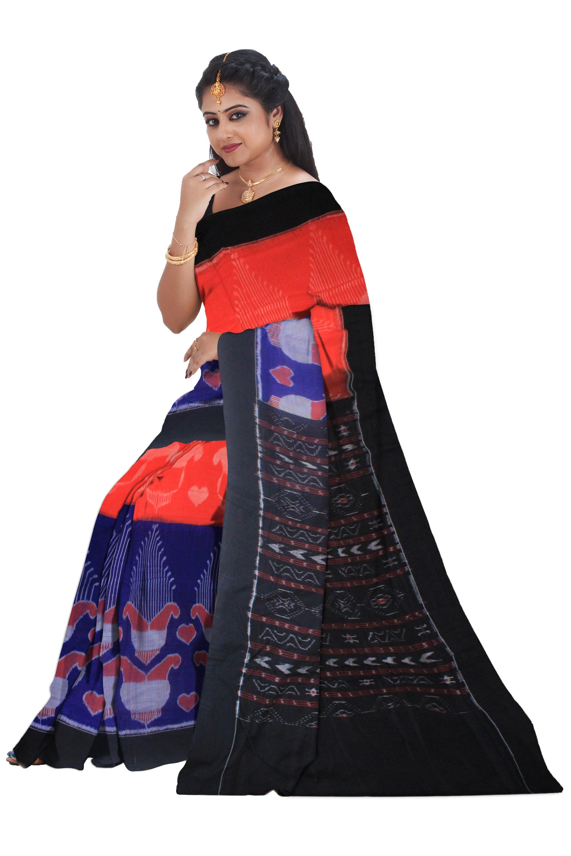 New  Sambalpuri cotton in  deep blue and orange color  saree. Available with blouse piece. - Koshali Arts & Crafts Enterprise