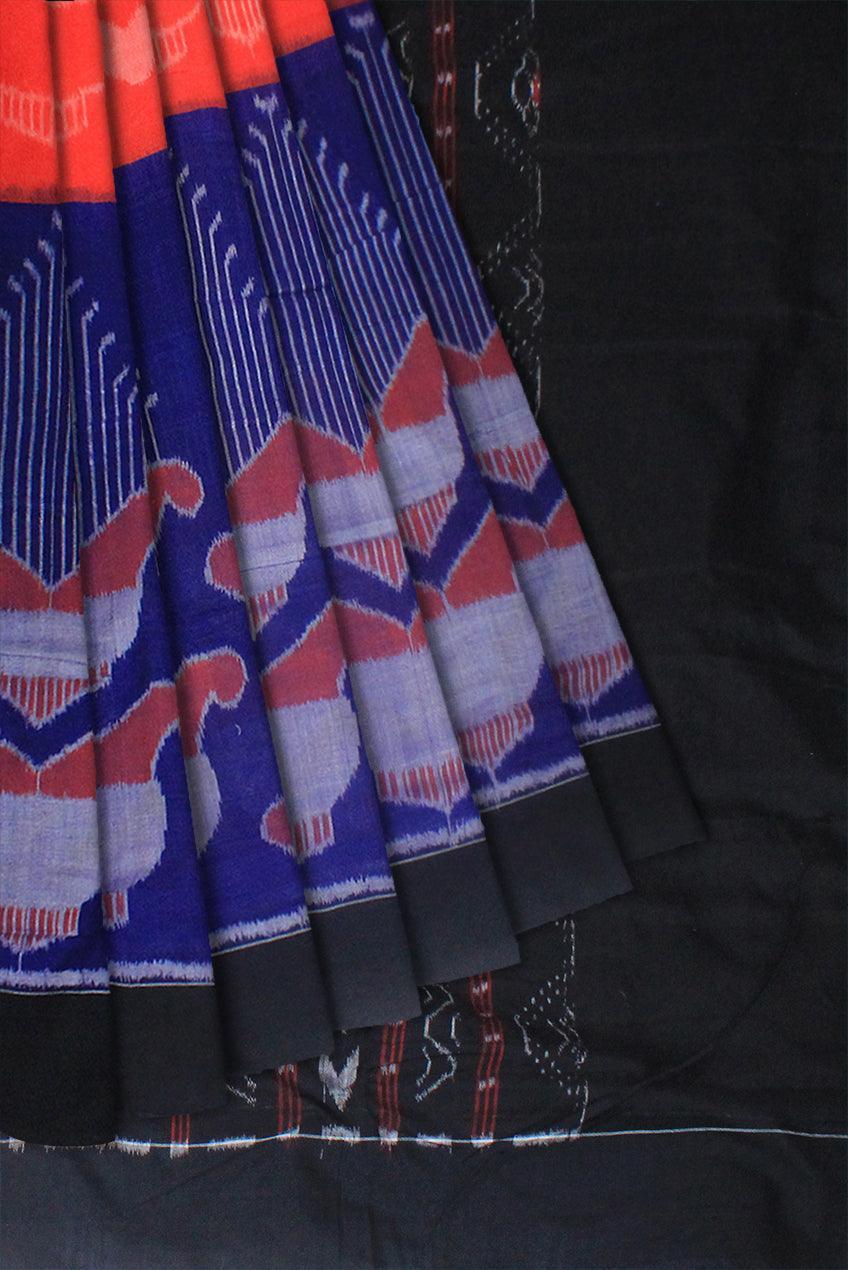 Sambalpuri cotton in deep blue and orange color saree. Available with blouse piece. - Koshali Arts & Crafts Enterprise
