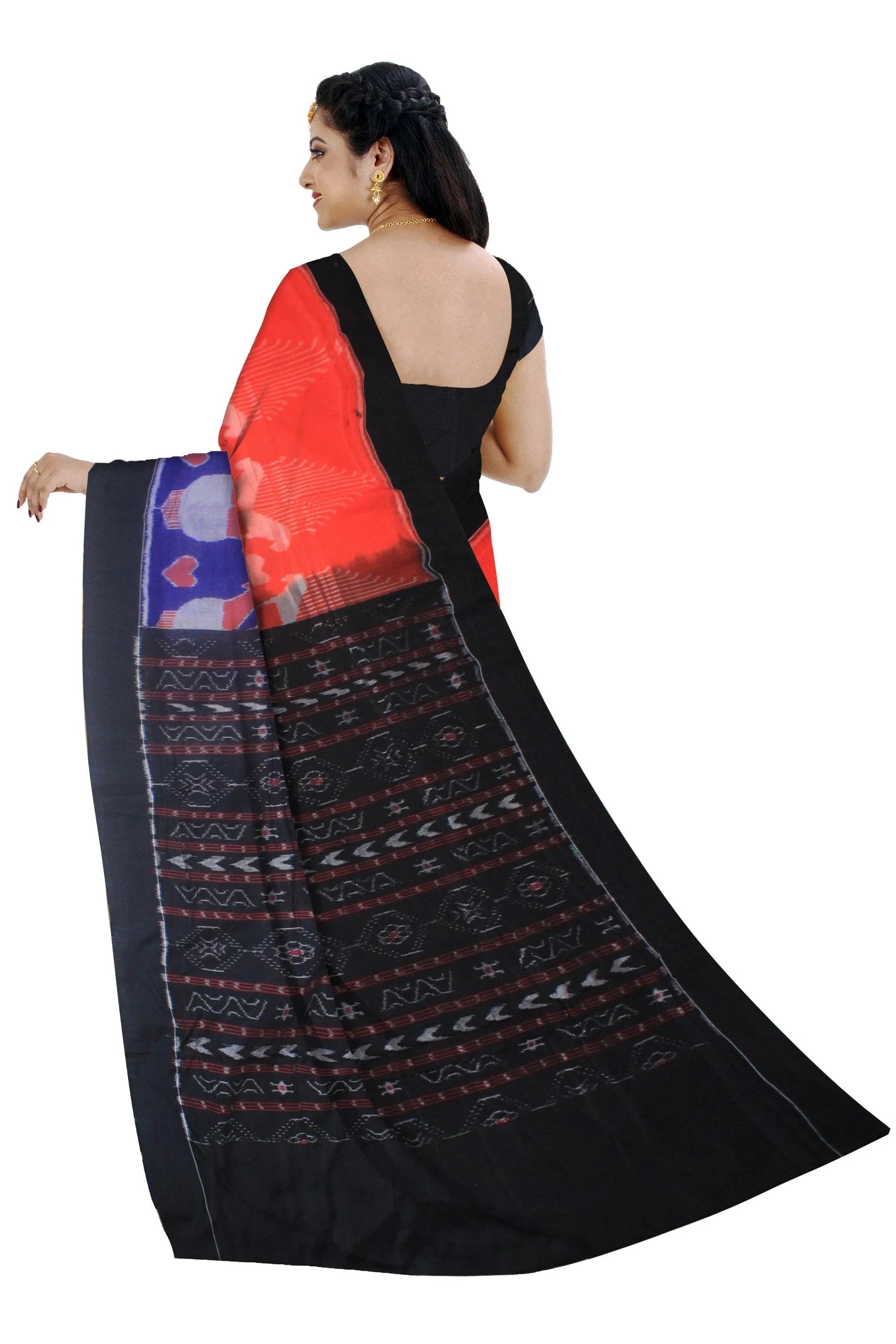 Sambalpuri cotton in deep blue and orange color saree. Available with blouse piece. - Koshali Arts & Crafts Enterprise