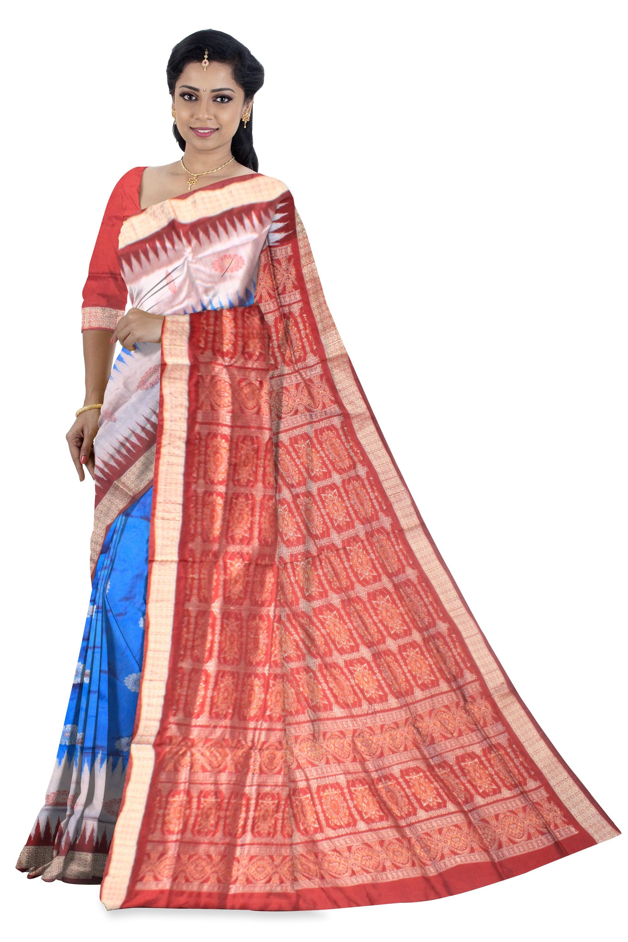 A sambalpuri pata saree is maroon , dark blue and silver color base, with blouse piece. - Koshali Arts & Crafts Enterprise